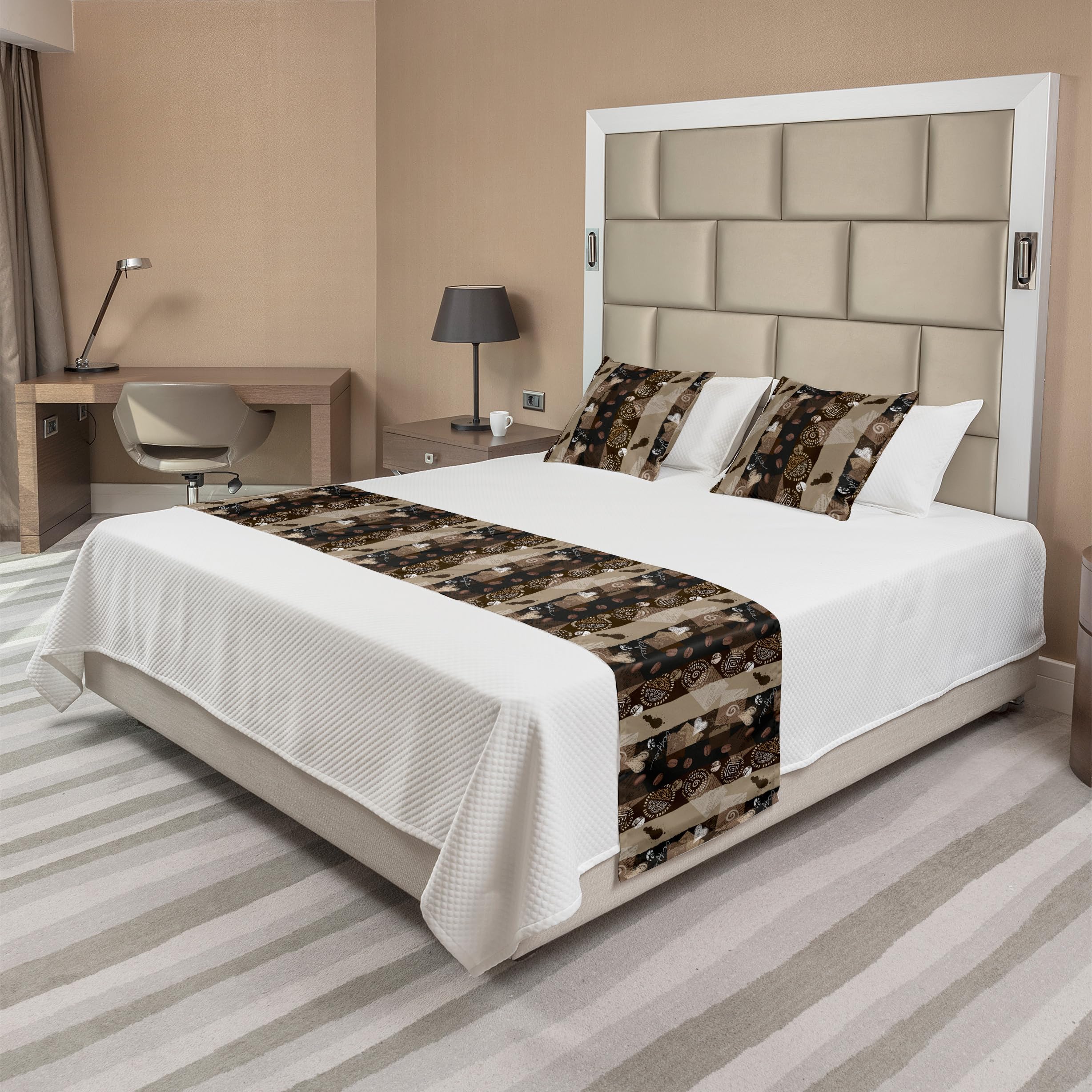 Ambesonne Brown Bed Runner Set with Coffee Typography Hearts & Beans - Abstract Striped Grungy Design, Decorative Bedding Scarf & 2 Pillow Shams for Hotels & Homes - Perfect for Bedroom Decor, Guest Rooms & Cozy Cafe Themes
