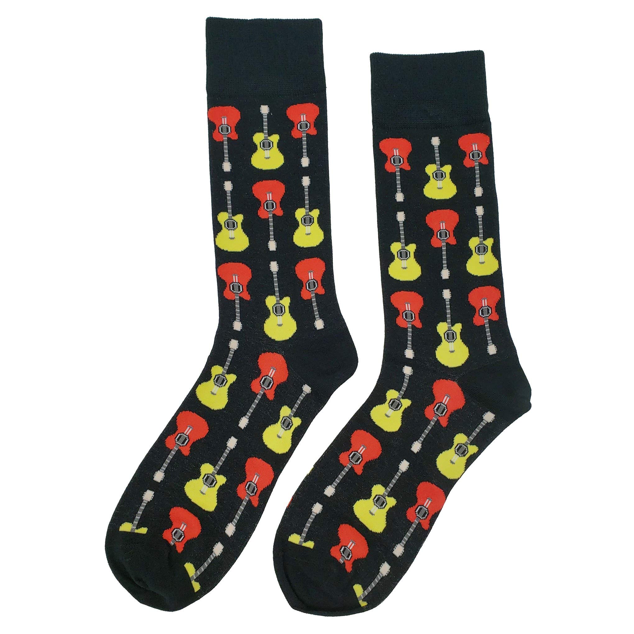Funny Acoustic Guitar Novelty Socks for Men - Cotton Crew Dress Socks Size 8-12 with Colorful Crazy Design - Perfect Gift for Musicians & Music Lovers - Great for Concerts, Gifts & Casual Wear