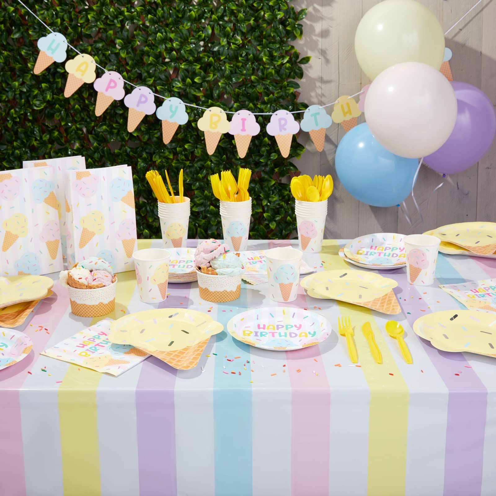 BLUE PANDA 207-Piece Ice Cream Themed Birthday Party Decorations Set - Includes Dinnerware & Party Favor Bags for Kids Birthday, Baby Shower & Summer Celebrations