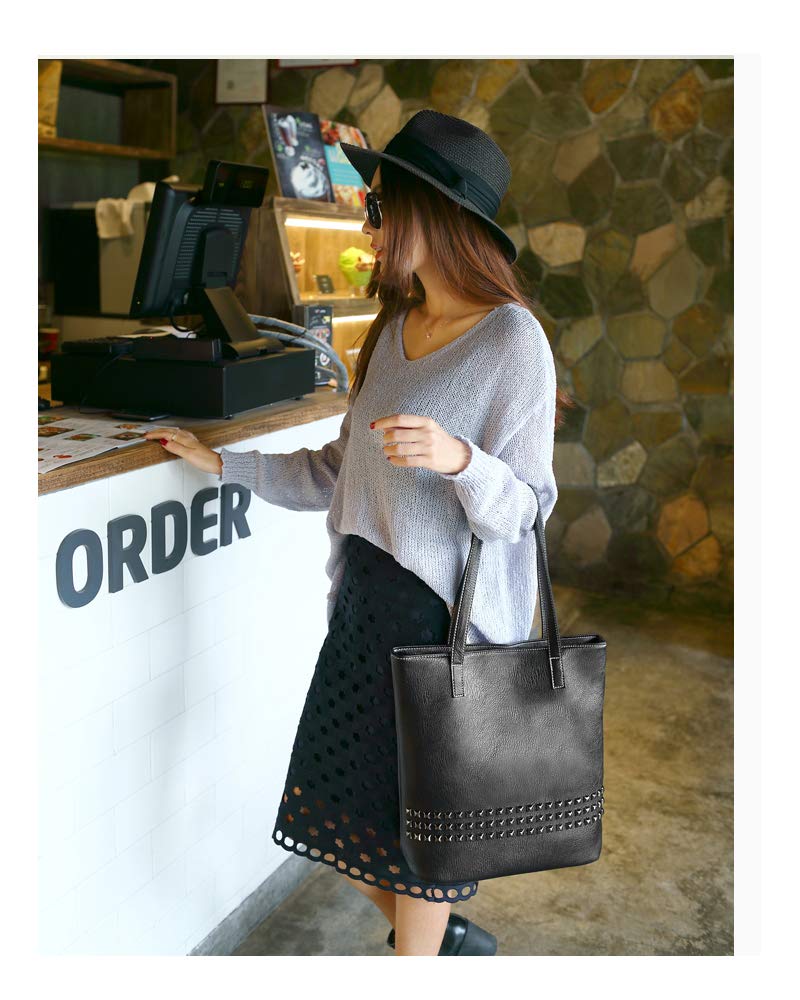 Stylish Large PU Leather Tote Bag for Women - Studded Shoulder Bag with Long Handles - Perfect for Work, Shopping & School - Black Women's Handbag