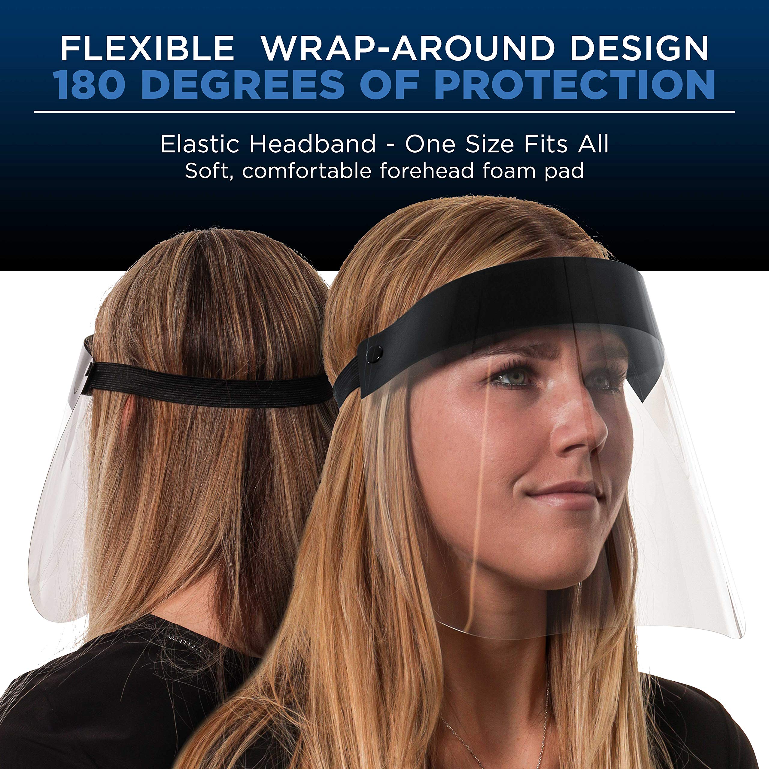 Salon World Safety 200 Black Face Shields (20 Packs of 10) - Ultra Clear Protective Full Face Shields for Eye, Nose & Mouth Protection - Anti-Fog PET Plastic with Adjustable Headband - Sanitary Droplet Barrier - Ideal for Salon, Healthcare & Public Safety Use