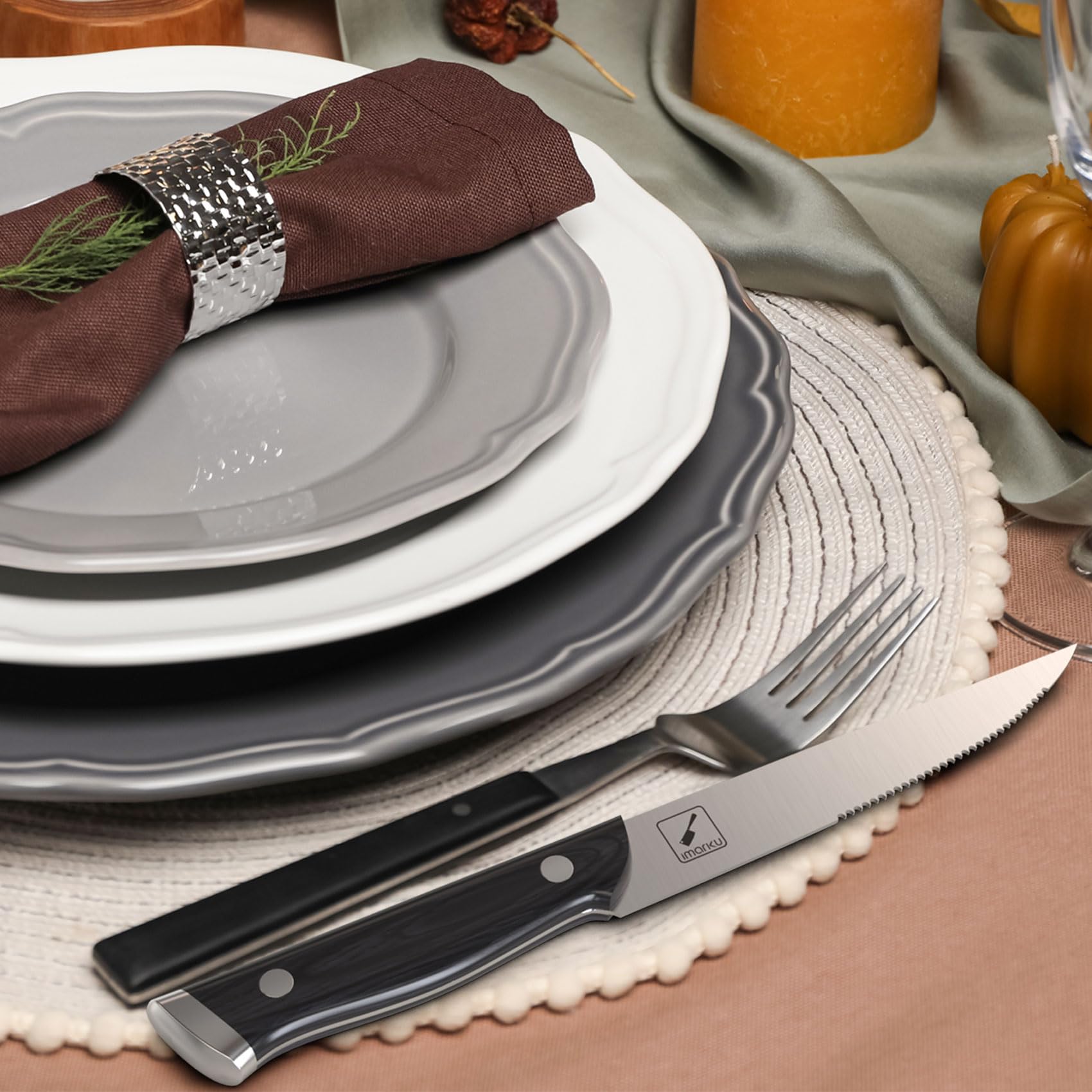 Imarku 8-Piece Steak Knives Set - Serrated Japanese HC Steel Blades with Pakkawood Ergonomic Handles - Premium Steak Knife Set in Gift Box - Perfect for Steak Dinners, BBQ Parties & Housewarming Gifts for Men & Women