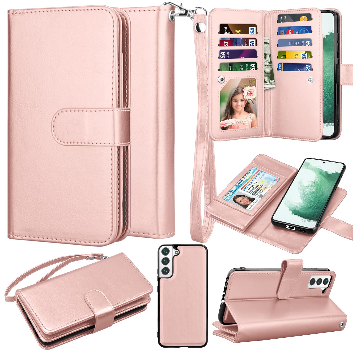 Premium PU Leather Wallet Case for Samsung Galaxy S22 Plus - 9 Card Slots, Detachable Magnetic Flip Cover with Kickstand & Wrist Strap (Rose Gold) | Perfect for Business, Travel & Everyday Use
