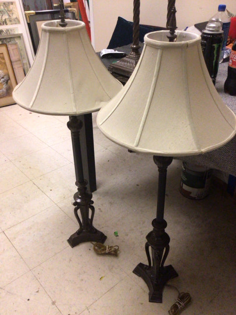 Vintage Brass Table Lamps with Fabric Shades - Set of 2 Antique Style Bedside Lamps for Living Room, Bedroom, or Office Decor