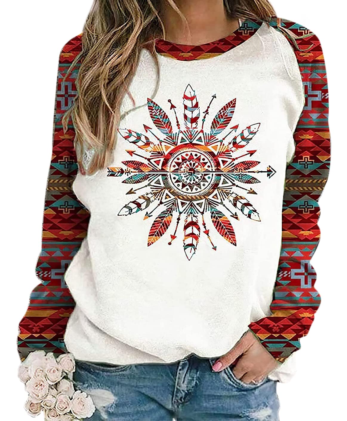 Lafolie Women's Western Aztec Print Crewneck Sweatshirt - Long Sleeve Ethnic Style Casual Top for Fall & Winter | Perfect for Western Fashion, Boho Outfits and Everyday Wear