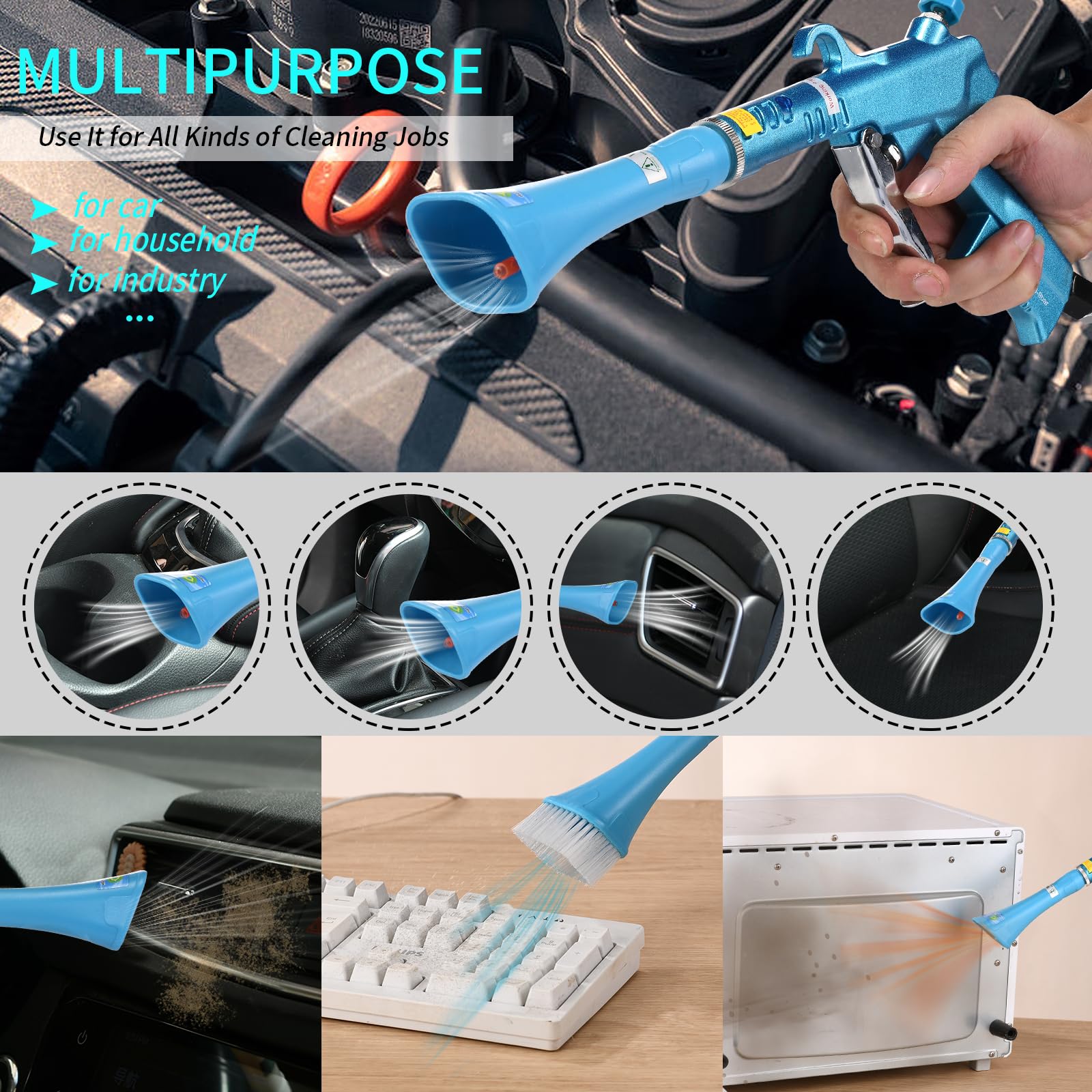 Professional Air Blow Gun for Car Detailing - High Power Car Dryer & Dust Cleaner with Nozzle & Detailing Brush - Perfect for Interior Cleaning, Auto Detailing, and Compressor Use
