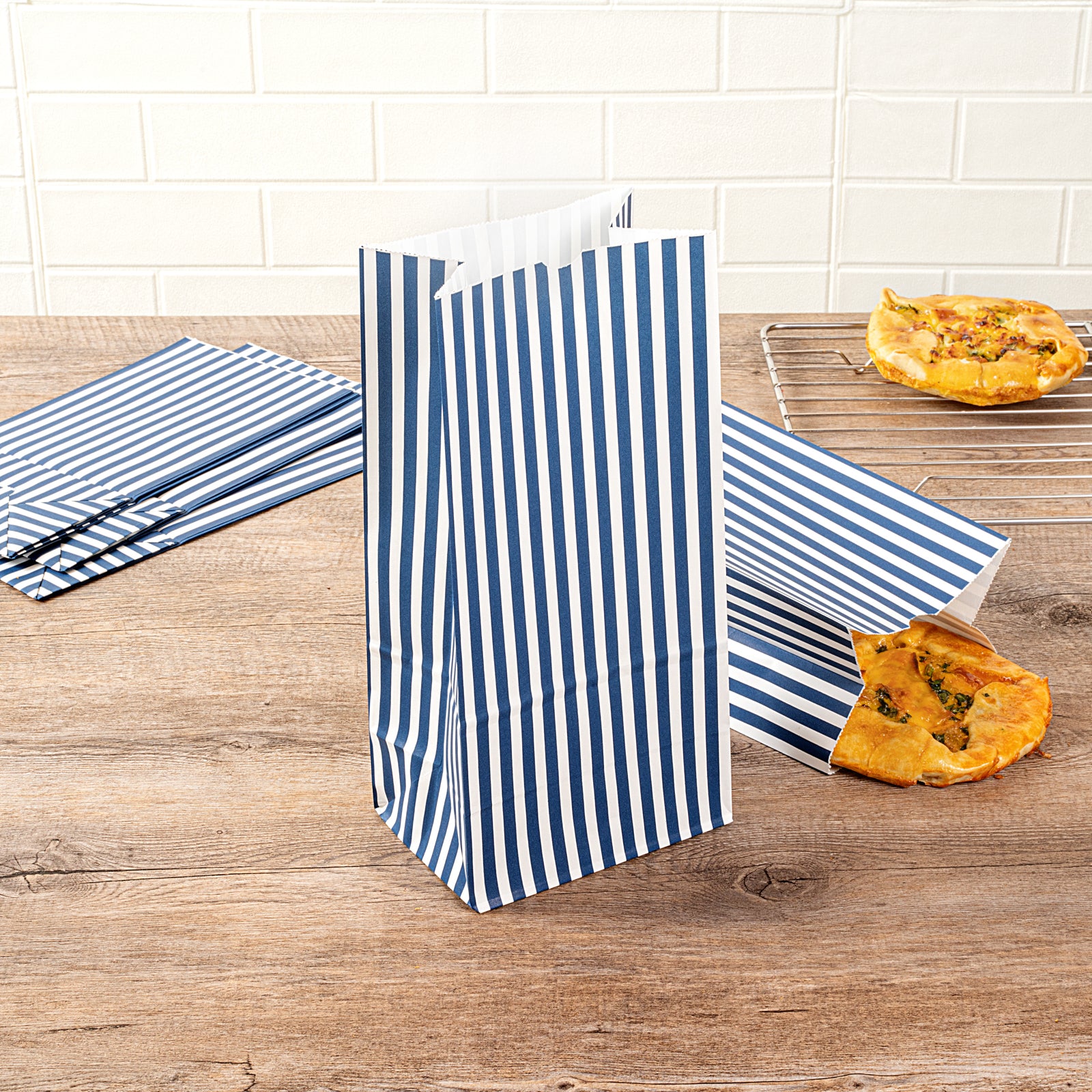 Premium Blue and White Striped Paper Bags - 8 lb Capacity, 6 x 4 x 11.75 Inches (100 Count) - Perfect for Retail Packaging, Gift Bags & Party Favors
