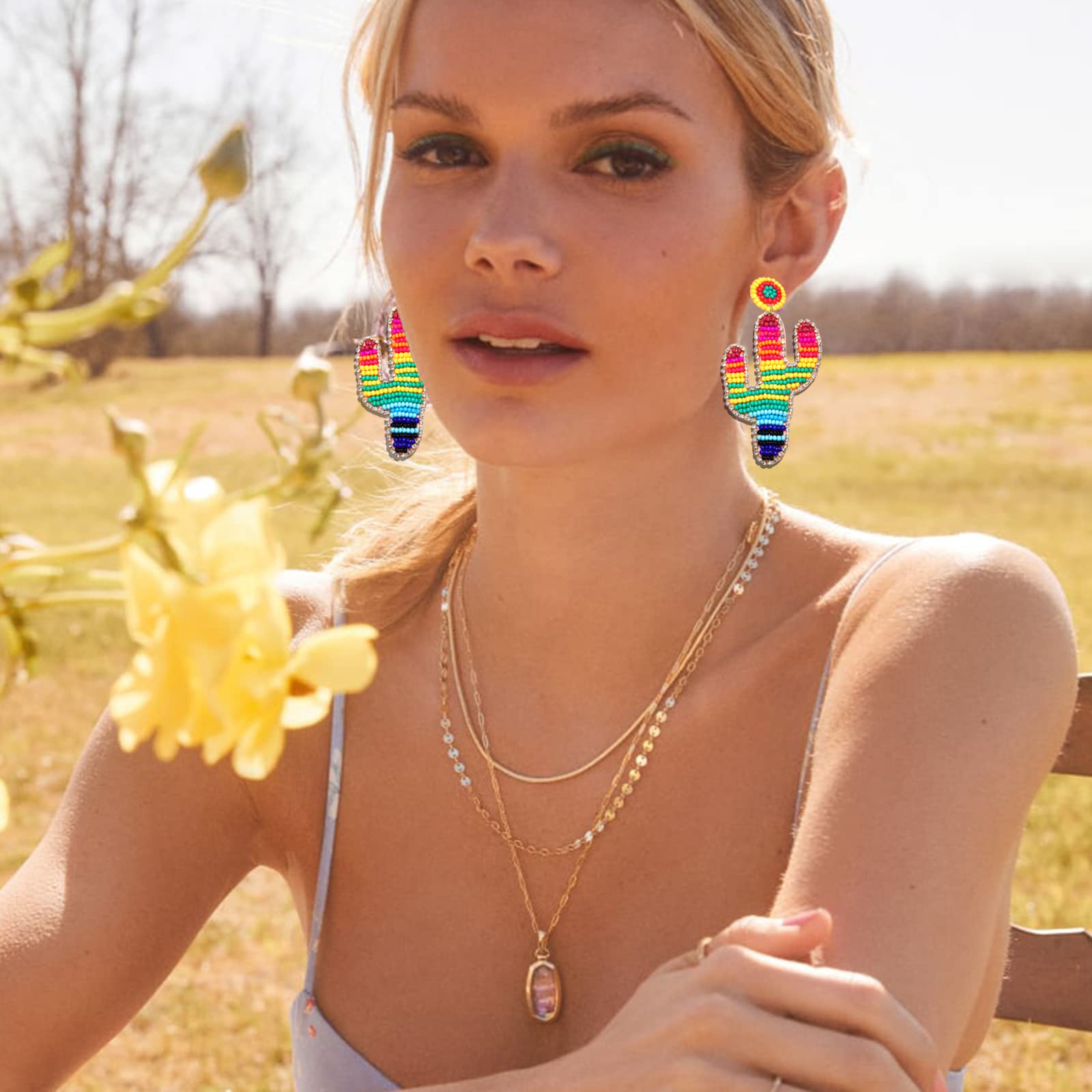 Boho Beaded Cactus Drop Earrings for Women - Rhinestone Rainbow Dangle Earrings, Handmade Jewelry for Girls | Perfect for Festivals, Parties & Boho Fashion