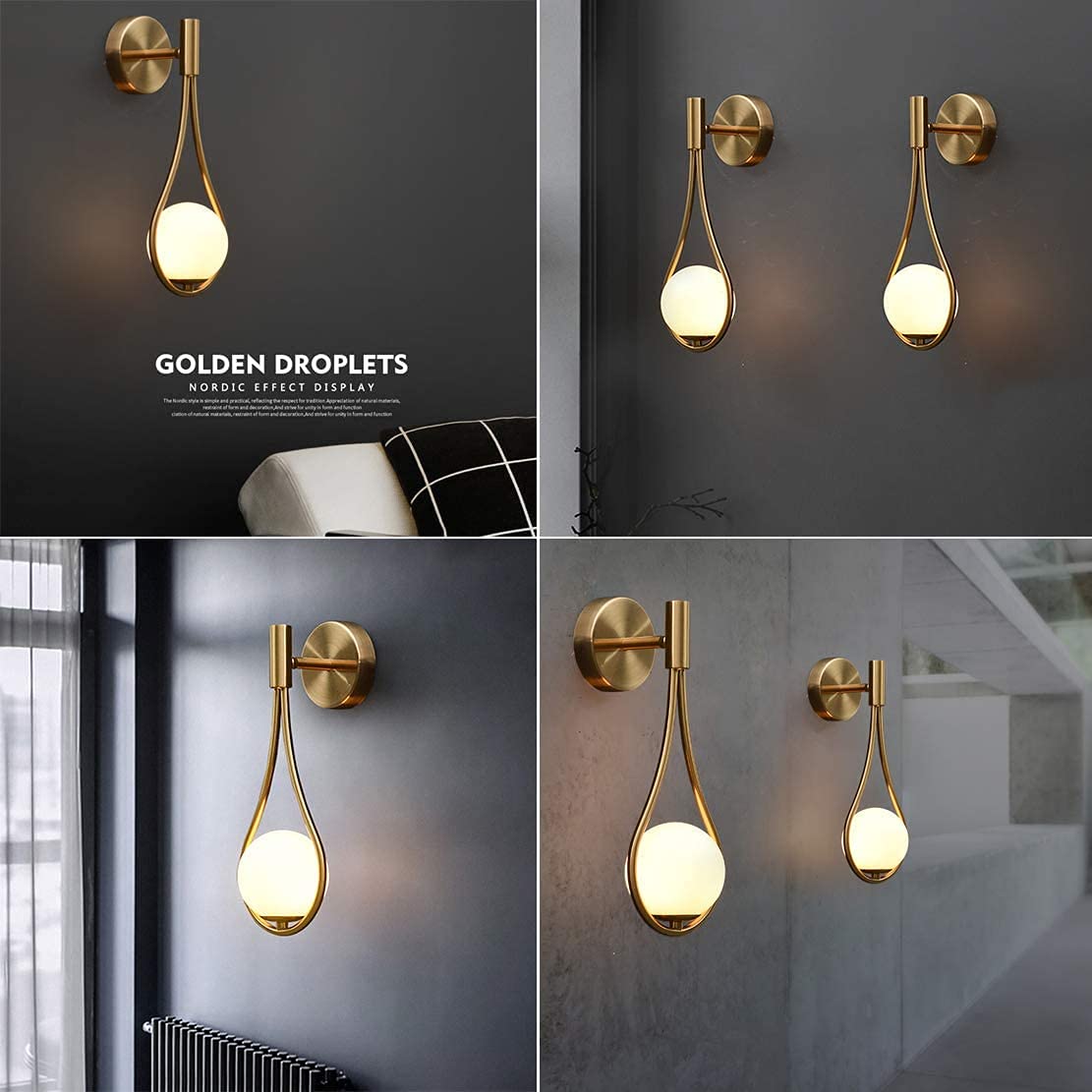 2 Pack Gold Glass Globe Wall Sconces - Mid-Century Modern Water Drop Wall Lights for Bedroom, Living Room & Hallway - Elegant Home Decor Lighting Fixtures