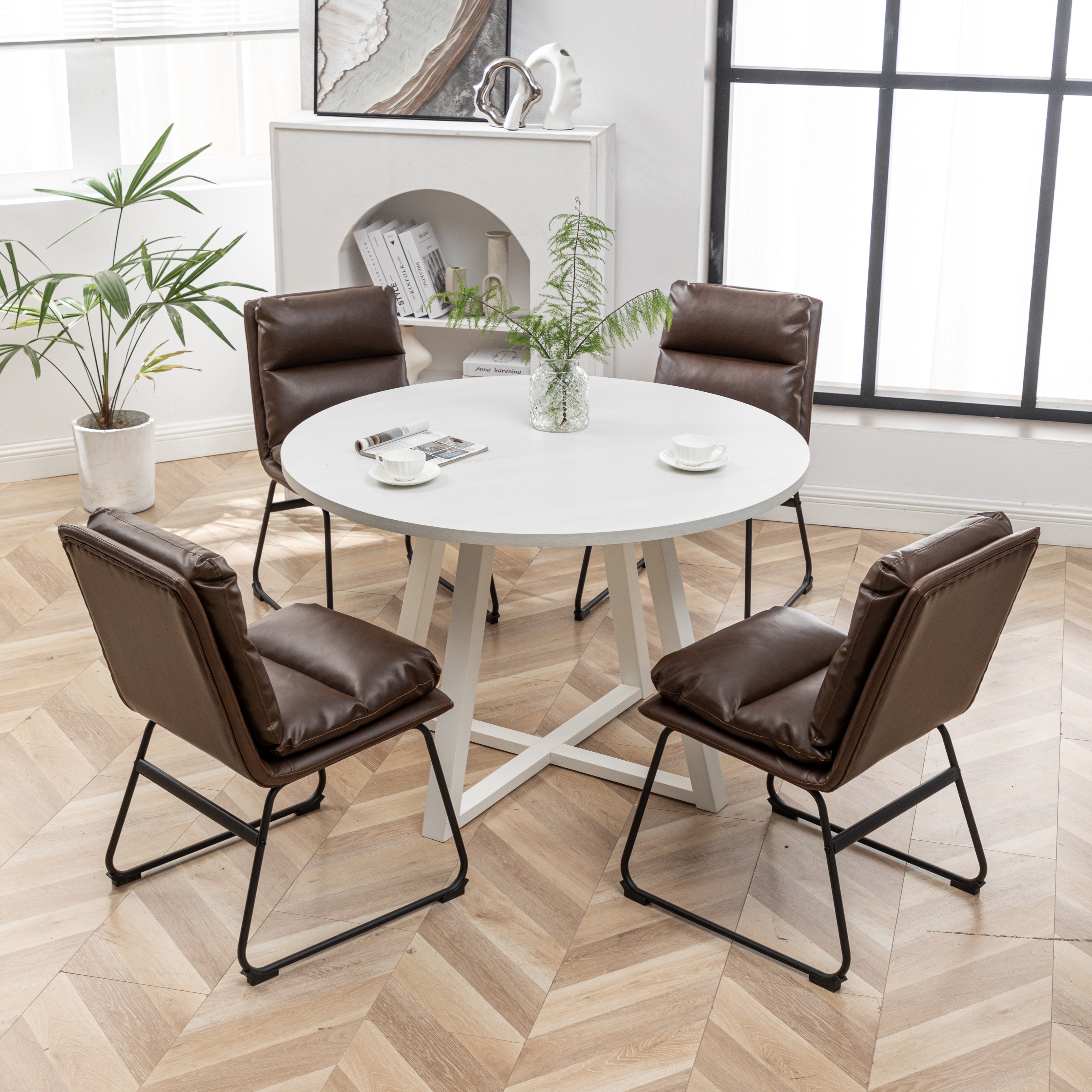 Roundhill Furniture Innes 5-Piece Round Dining Set with Trestle Table & 4 Stylish Chairs - Perfect for Small Spaces, Breakfast Nooks & Cozy Family Meals