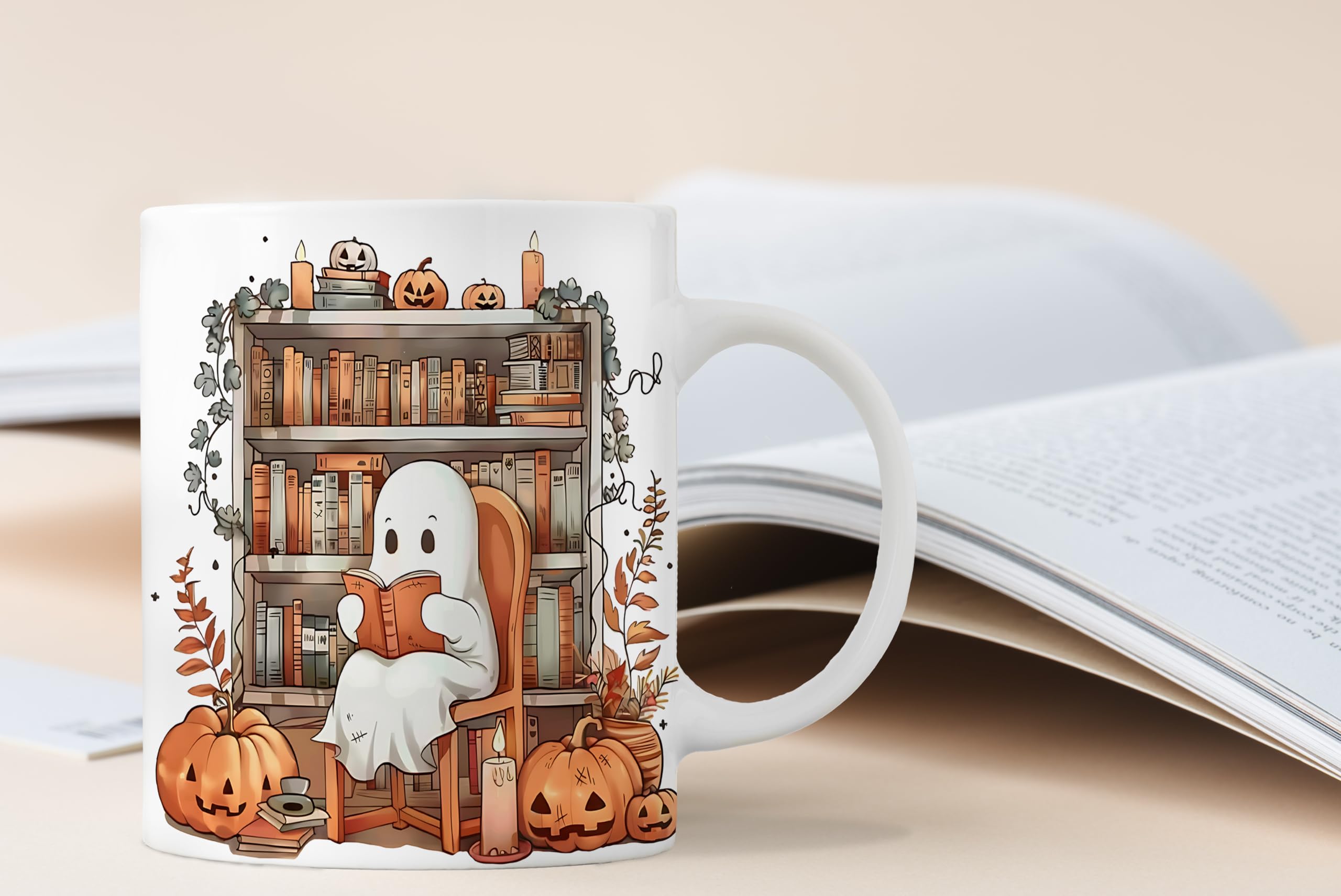 QASHWEY 11oz Halloween Ghost Mug - Spooky Ceramic Coffee Cup for Book Lovers, Perfect Fall Gift for Readers, Halloween Themed Tea Mug - Ideal for Cozy Reading Nights & Pumpkin Spice Lattes