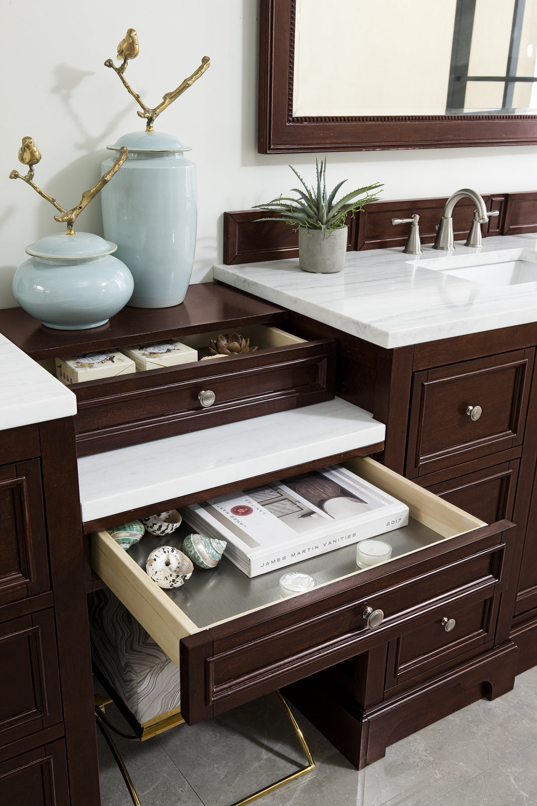 De Soto 118 Double Vanity Set with Makeup Table - Burnished Mahogany Finish & 3CM Arctic Fall Solid Surface Top | Perfect for Master Bathroom, Dressing Room & Beauty Salon Organization
