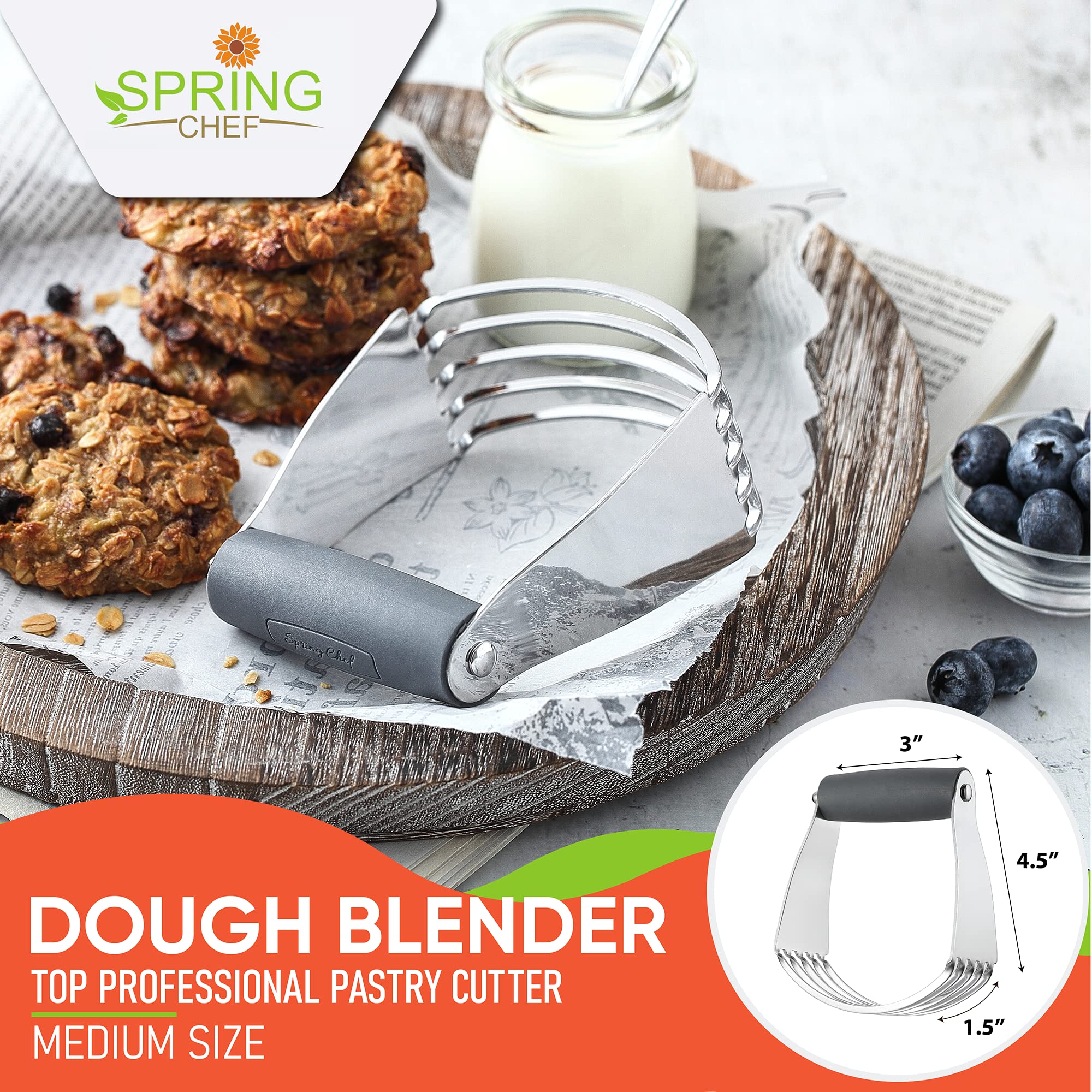 Spring Chef Medium Gray Dough Blender - Professional Stainless Steel Pastry Cutter with Thick Durable Blades | Dishwasher Safe Baking Tool for Pies, Cookies & Pastry Dough | Perfect for Home Bakers & Professional Chefs