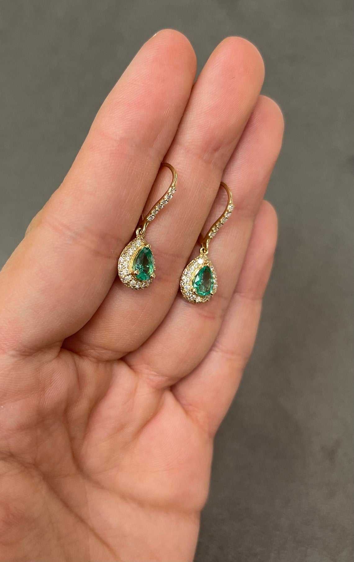 2.50tcw Colombian Emerald & Pave Diamond Teardrop Lever Back Dangle Earrings in 14K Gold - Elegant Jewelry for Weddings, Parties & Special Occasions