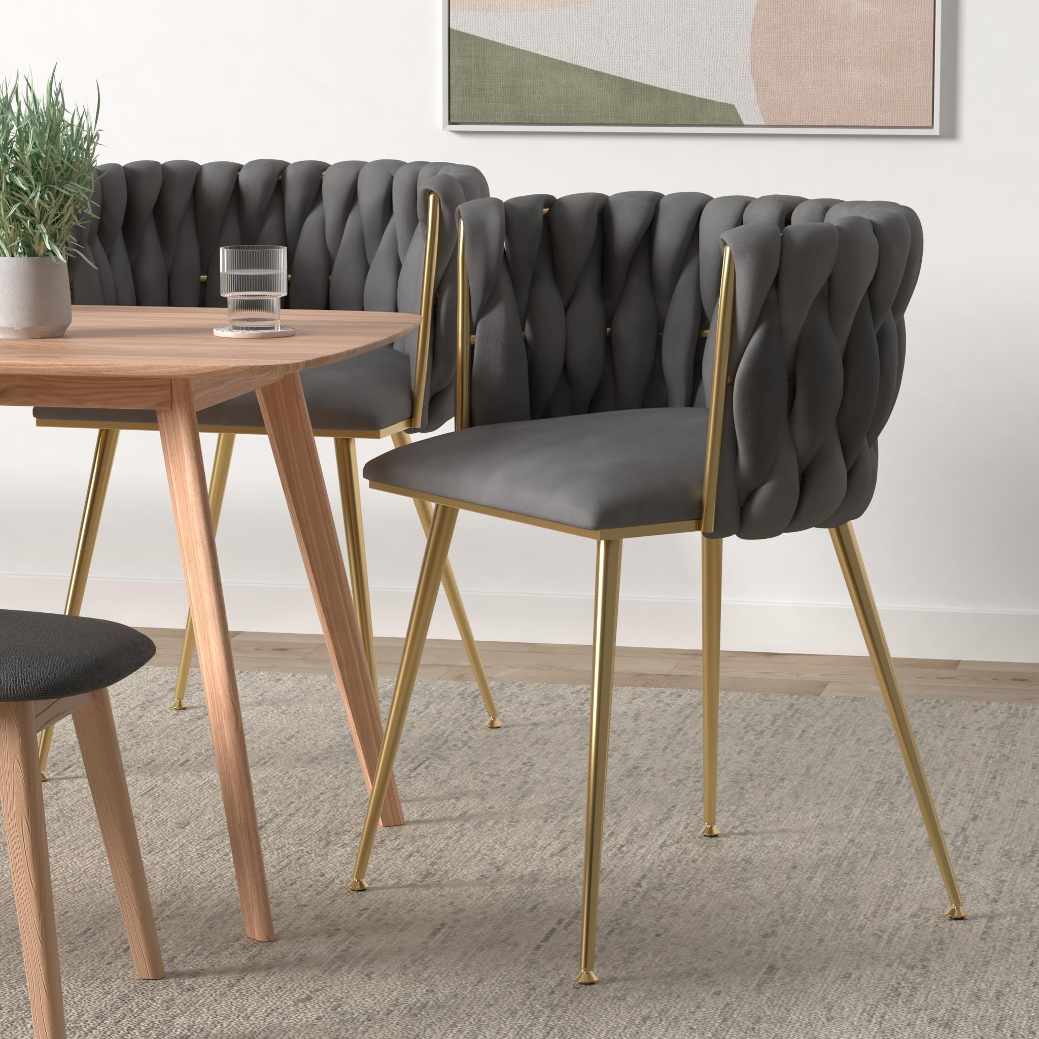 Nrizc Set of 2 Modern Velvet Upholstered Dining Chairs with Gold Metal Legs - Grey Woven Accent Chairs for Living Room, Dining Room & Kitchen | Perfect for Small Spaces, Breakfast Nooks & Contemporary Home Decor