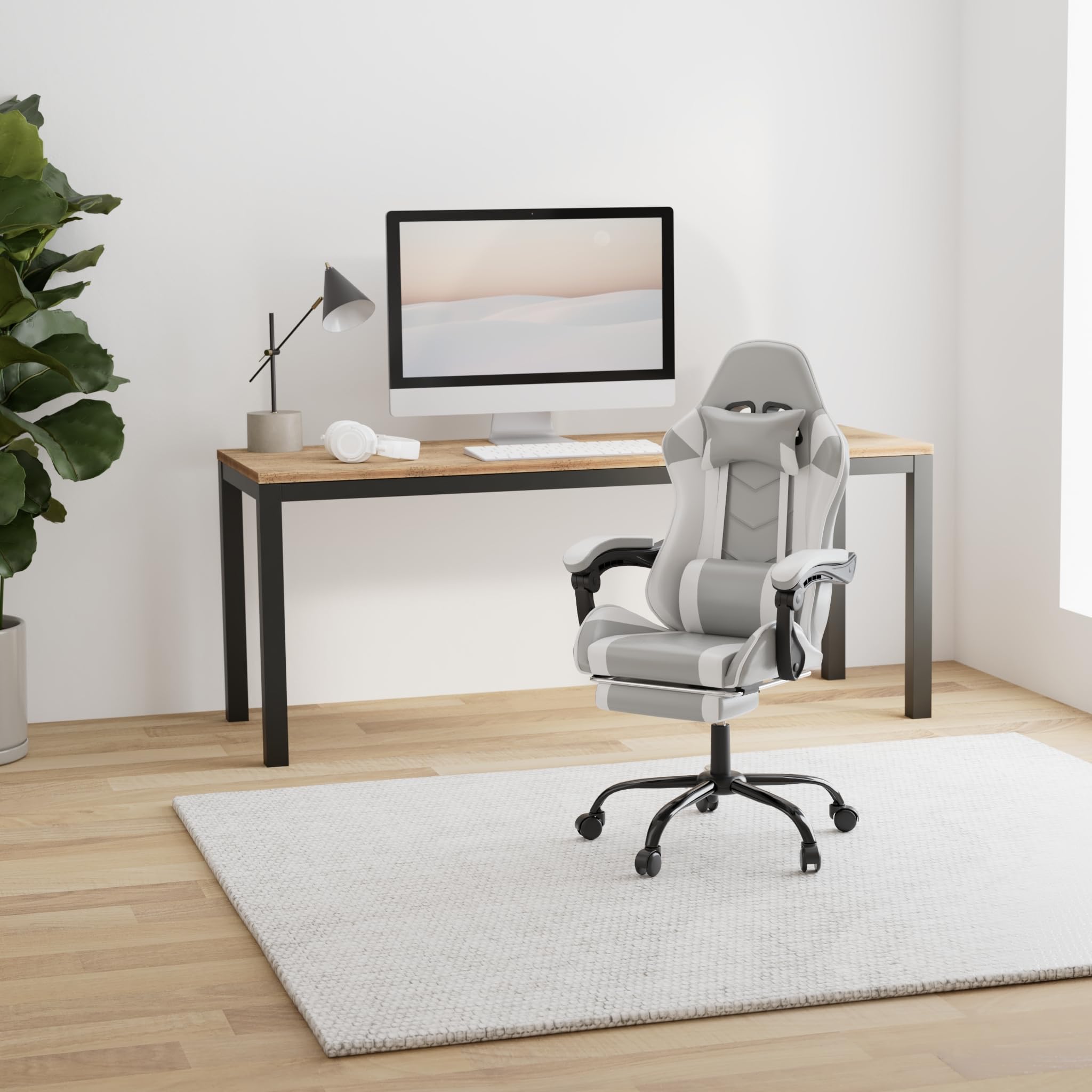 Premium White Gaming Chair with Footrest - Big and Tall Ergonomic Racing Style Office Chair - Adjustable Swivel Seat with Headrest & Lumbar Support - Perfect for PC Gaming, Streaming, and Home Office Workstations