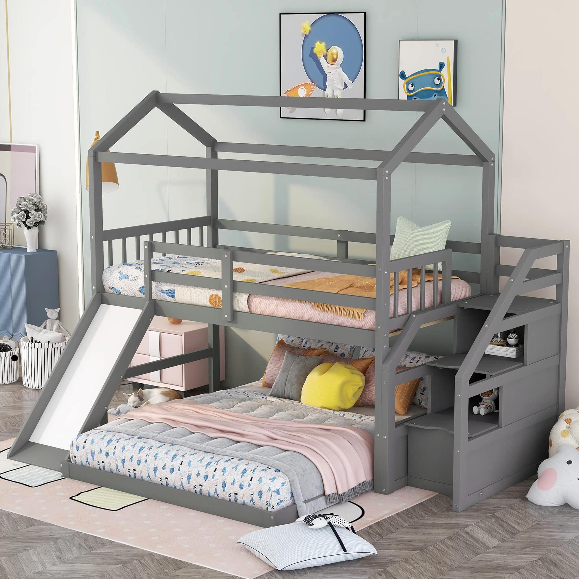 SOHUSPHOME Twin Over Full Bunk Bed with Slide & Storage Stairs - Solid Wood Loft Bed Frame for Kids & Teens - Full Guardrails, No Box Spring Needed - Space Saving Bedroom Furniture for Small Rooms & Shared Kids' Rooms (Grey)