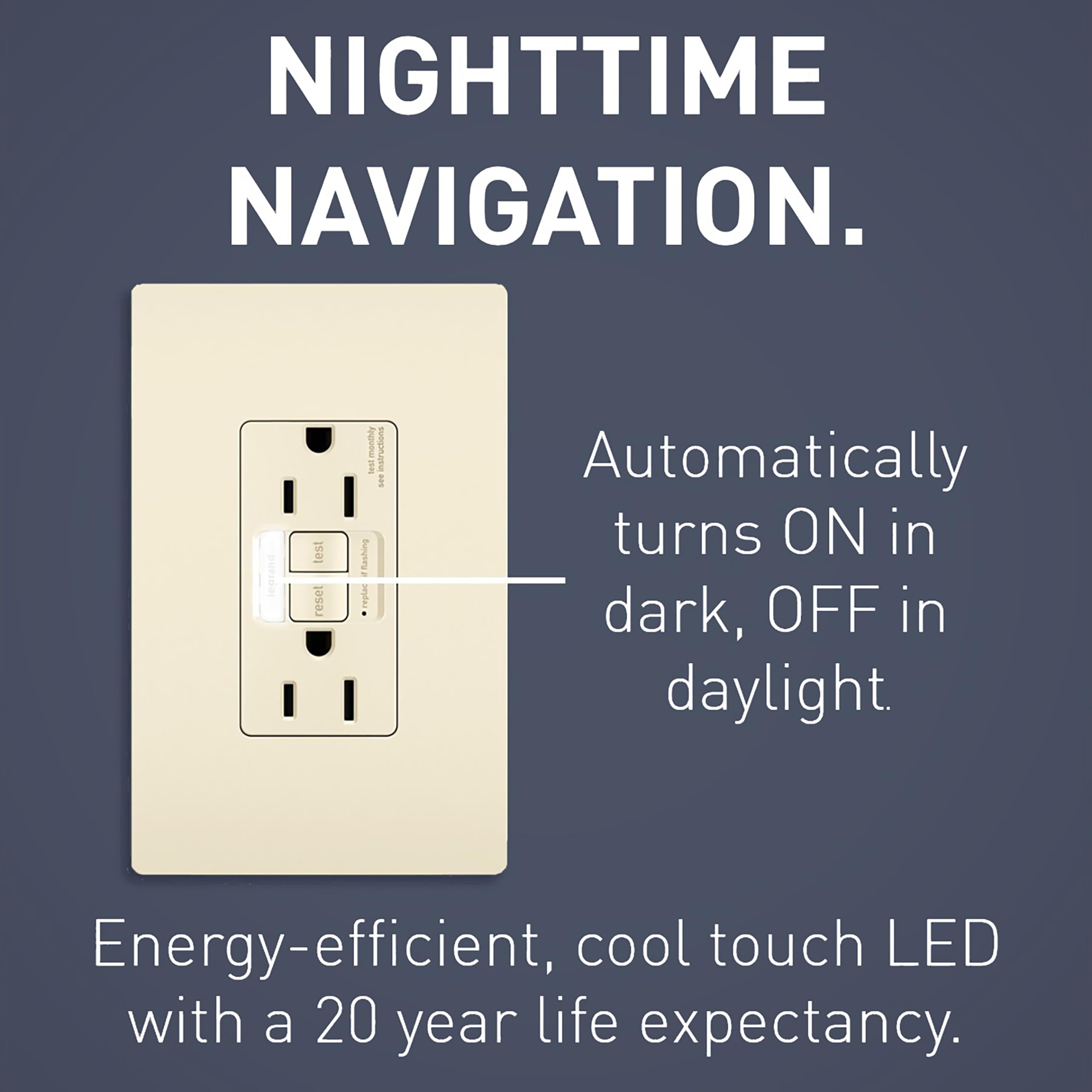 Legrand 15 Amp GFCI Outlet with Night Light - Self-Testing, Tamper-Resistant, Cool Touch LED, Light Almond (1-Pack) - Perfect for Bathrooms, Kitchens & Outdoor Use