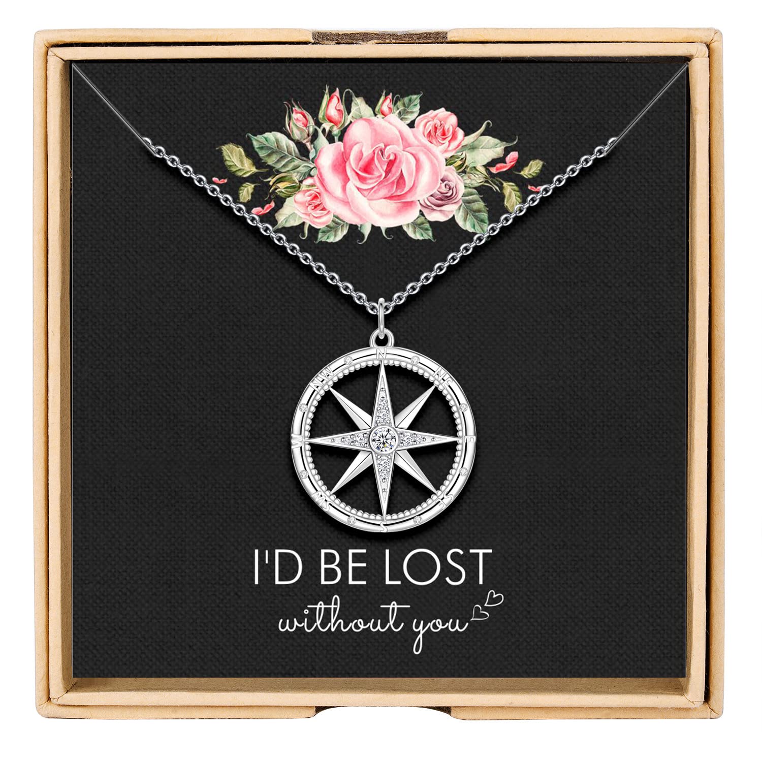 925 Sterling Silver Compass Necklace for Women - Romantic I Love You Gift for Girlfriend, Wife, Anniversary & Valentine's Day - Perfect for Date Nights, Proposals & Special Occasions