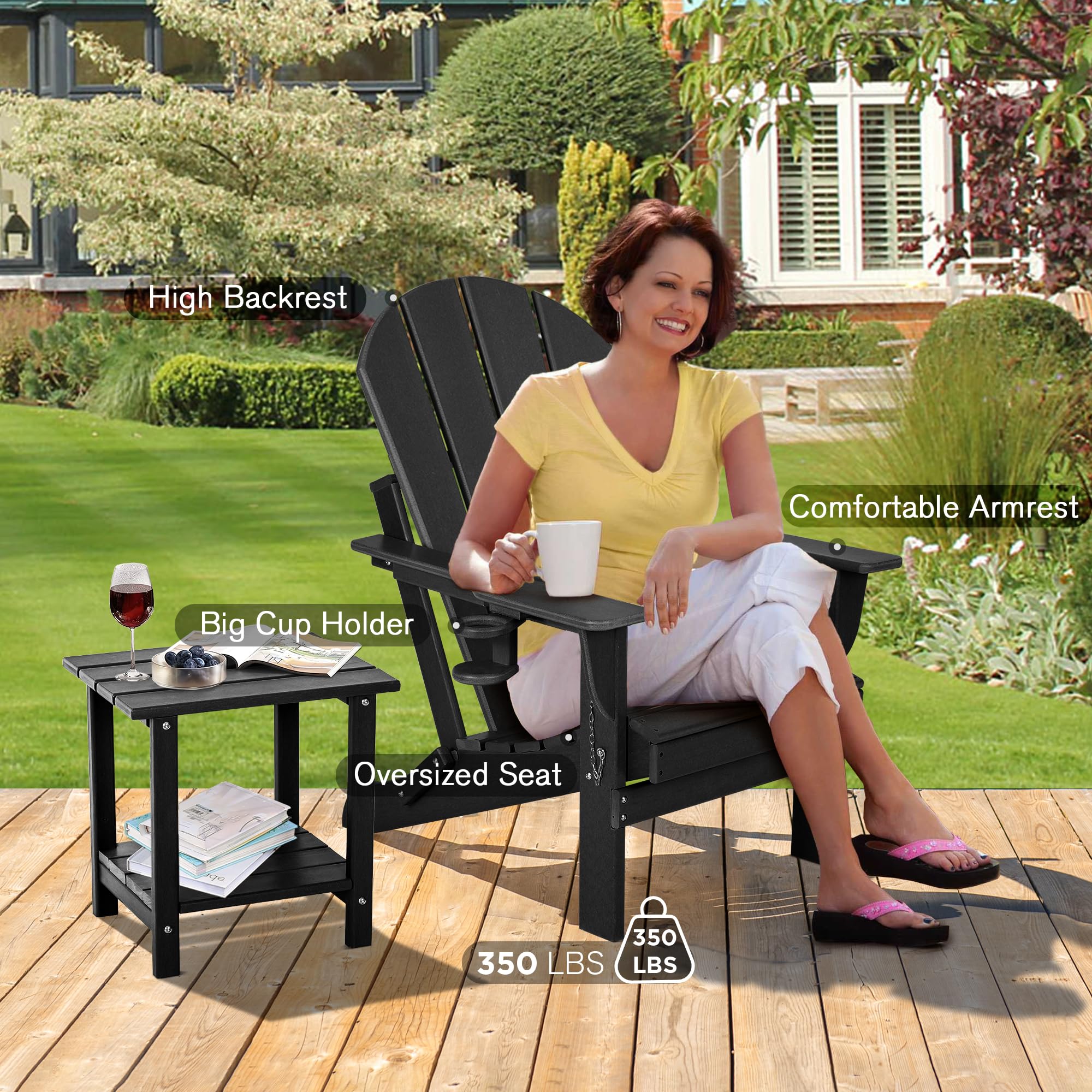 Nalone Folding Adirondack Chair with Cushion & Cup Holder - HDPE Plastic Oversized Weather-Resistant Outdoor Patio Chair for Deck, Garden, Fire Pit, Camping & Backyard Relaxation (Black)