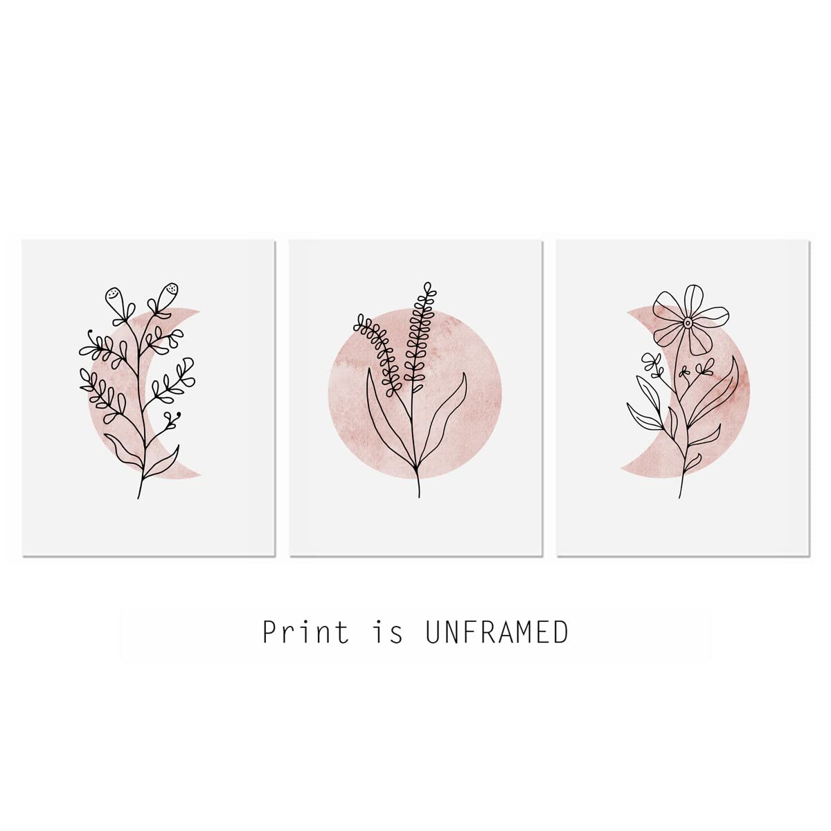 Boho Blush Pink Floral Moon Art Prints - Set of 3 Abstract Black Line Wall Decor with Sun & Moon Phases - 11x14 Inch Unframed Canvas Art for Bedroom, Living Room & Nursery Decor