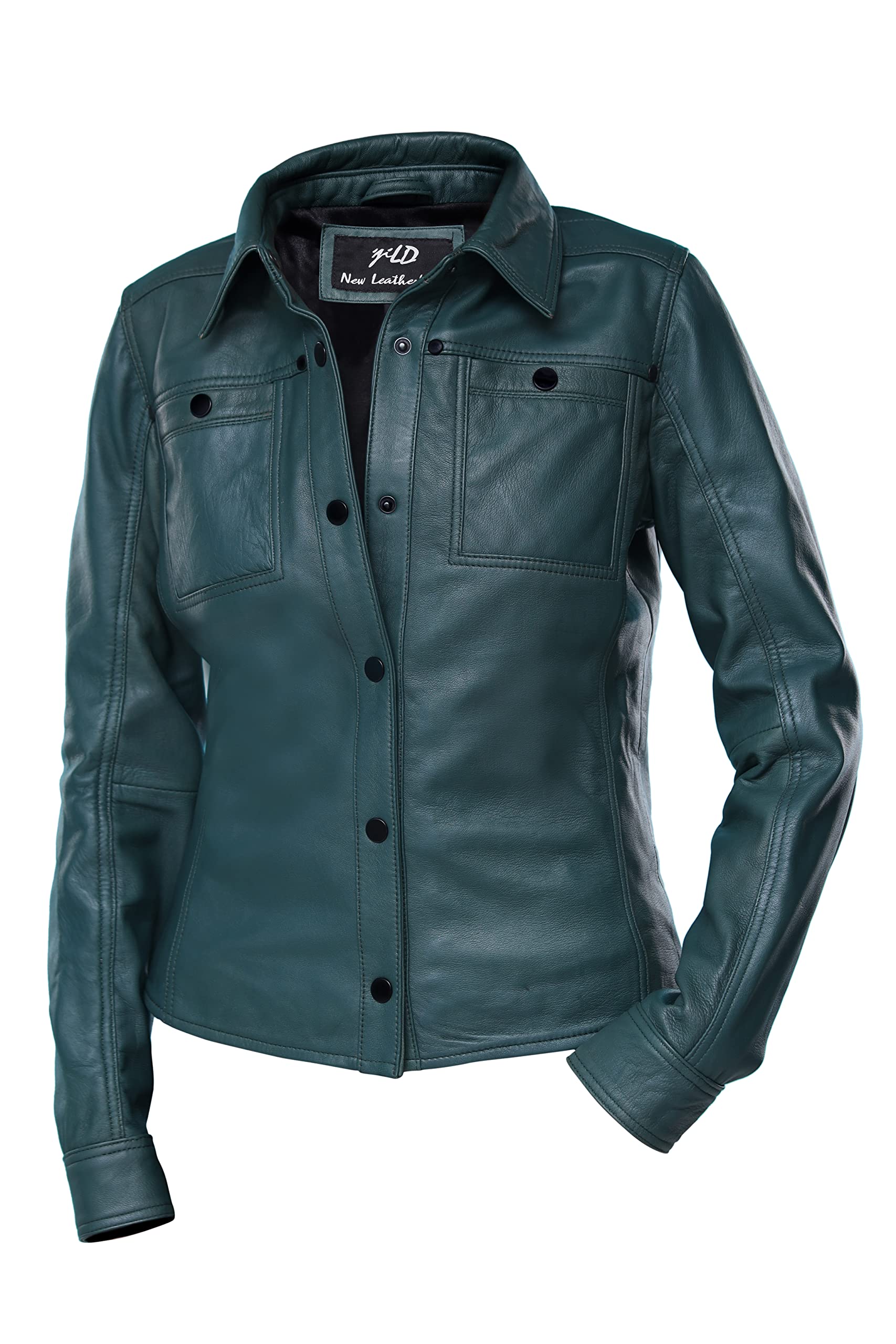 Jild Women's Button Front Lambskin Leather Jacket Shacket - Long Sleeve Casual Shirt Jacket with Bust Pocket | Perfect for Fall Layering, Date Nights & Office Wear