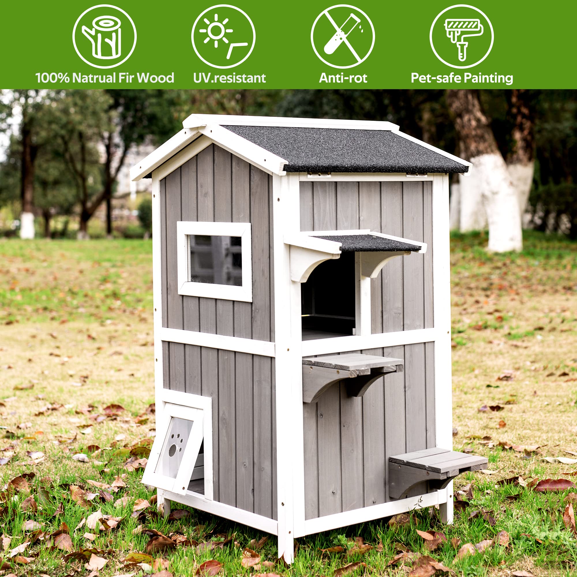 Waterproof Wooden Cat House for Indoor & Outdoor Use - 2 Story Kitty Condo with Escape Door - Perfect for Backyard, Patio, or Living Room Pet Shelter