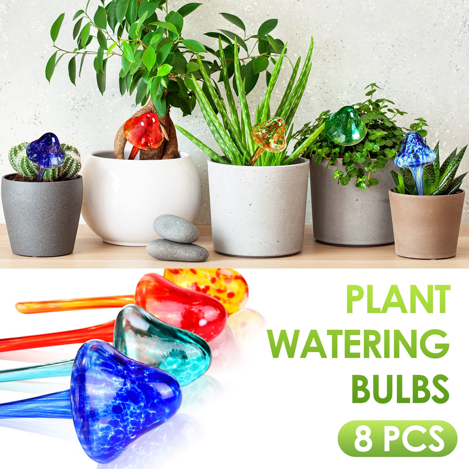 Meanplan 8-Pack Self Watering Globes - Automatic Glass Plant Waterer for Indoor & Outdoor Plants | Mushroom-Shaped Watering Bulbs & Spikes | Perfect for Vacation Care, Hanging Baskets, and Potted Plants