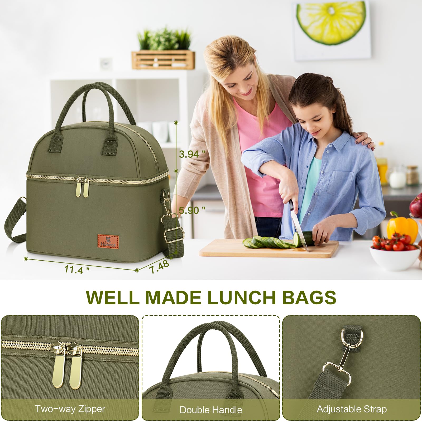 Hafmall 13L Large Insulated Lunch Bag for Women - Reusable Work Lunch Box with Shoulder Strap, 3.5 Gallon Capacity, Green - Perfect for Office, School, Picnics & Outdoor Activities