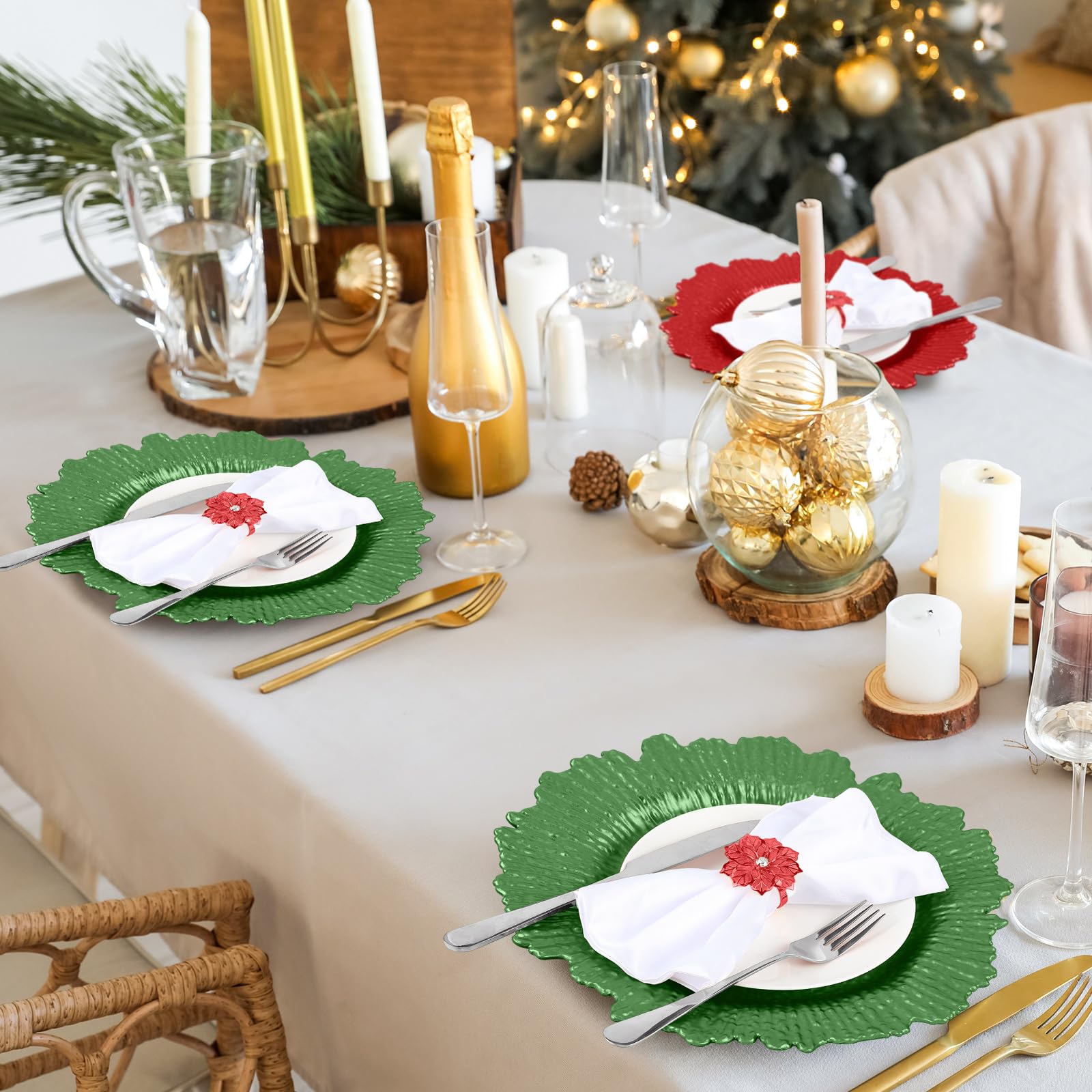 50-Piece Matte Reef Charger Plate Set with Ruffled Rim & Hollow-Out Flower Napkin Rings - 13