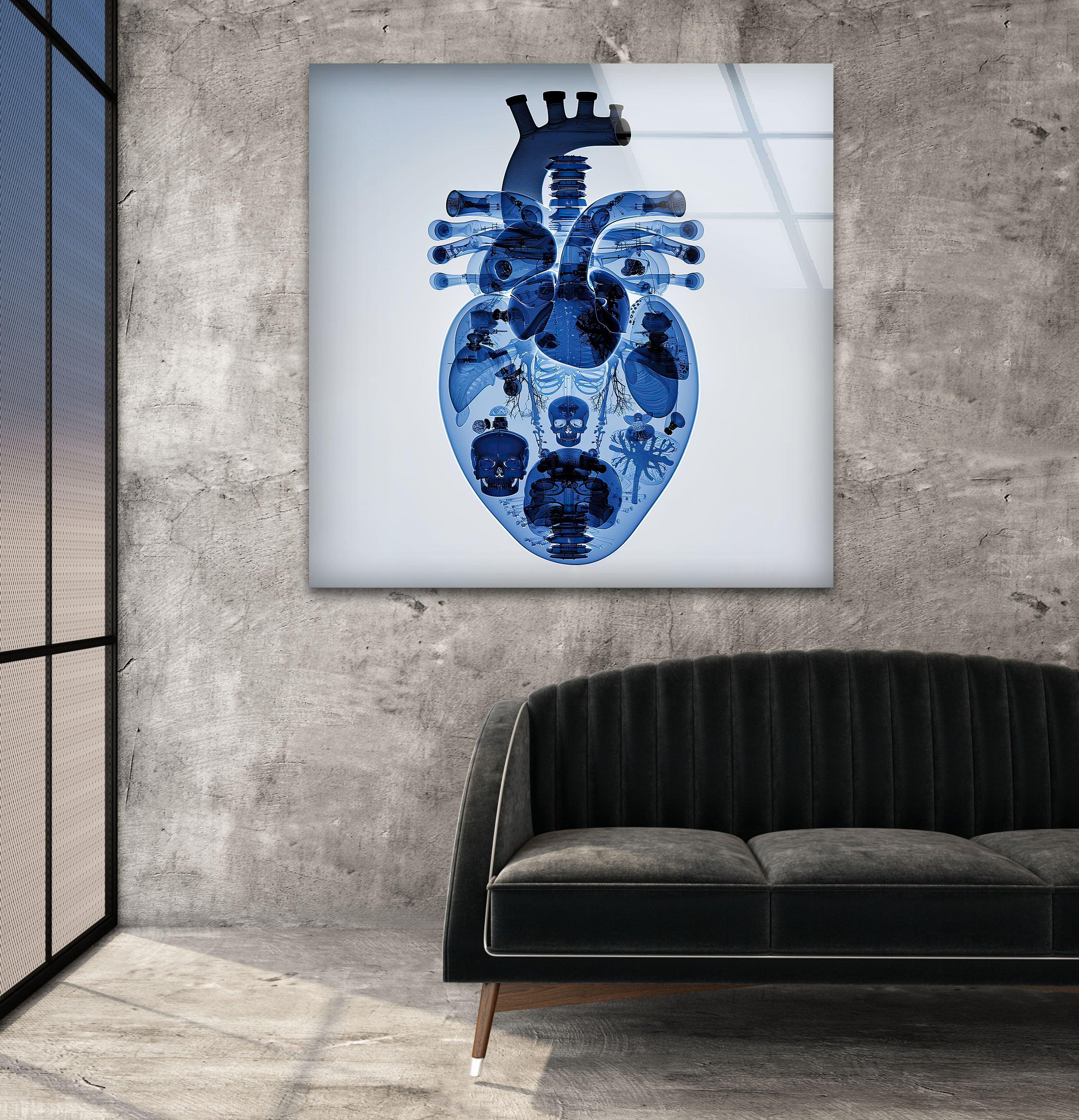 Blue Mechanical Heart Glass Wall Art - Elegant Home Decor for Living Room, Bedroom & Office - Perfect Gift for Valentine's Day & Anniversaries