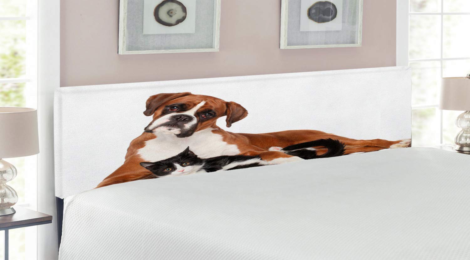 Ambesonne Animal Headboard - King Size Upholstered Decorative Metal Bed Frame with Memory Foam | Cat & Dog Portrait Design in Brown, Black & White | Perfect for Pet Lovers' Bedroom Decor & Cozy Master Bedroom Setup