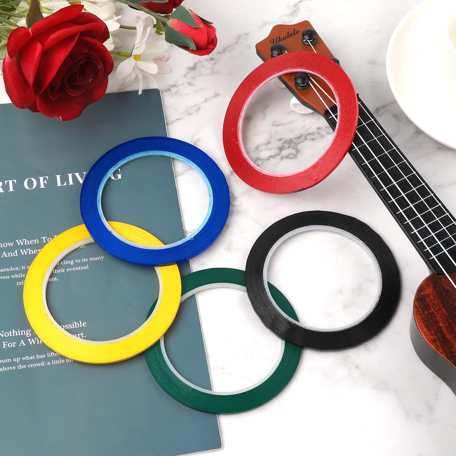 5 Rolls Violin Fingering Tape - 216 ft/66m Cello Fingerboard Tape for Beginners (5 Colors) | Perfect for Violin, Cello & Orchestral Instrument Practice, Learning & Performance