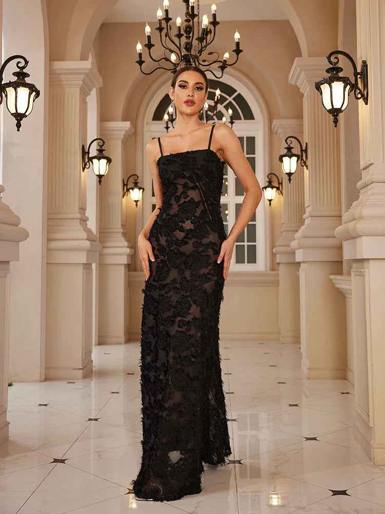 Elegant Black Applique Maxi Dress for Women - Formal Occasion & Party Gown - Perfect for Dancing, Weddings, and Evening Events