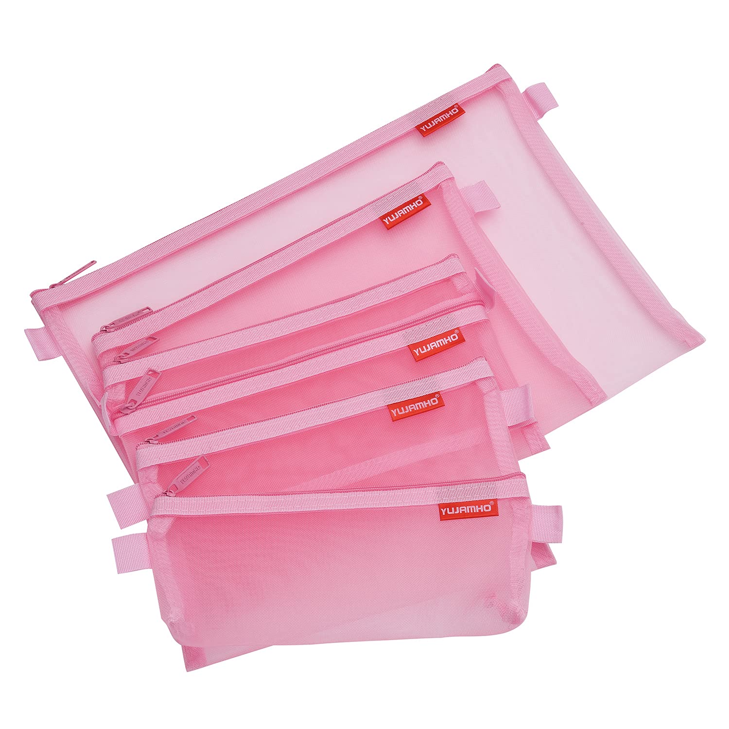 Mesh Zipper Pouch 5pcs - Lightweight Nylon Document Organizer for Travel & Office (Pink, A4/A5/A6) - Perfect for Cosmetics & Supplies Storage