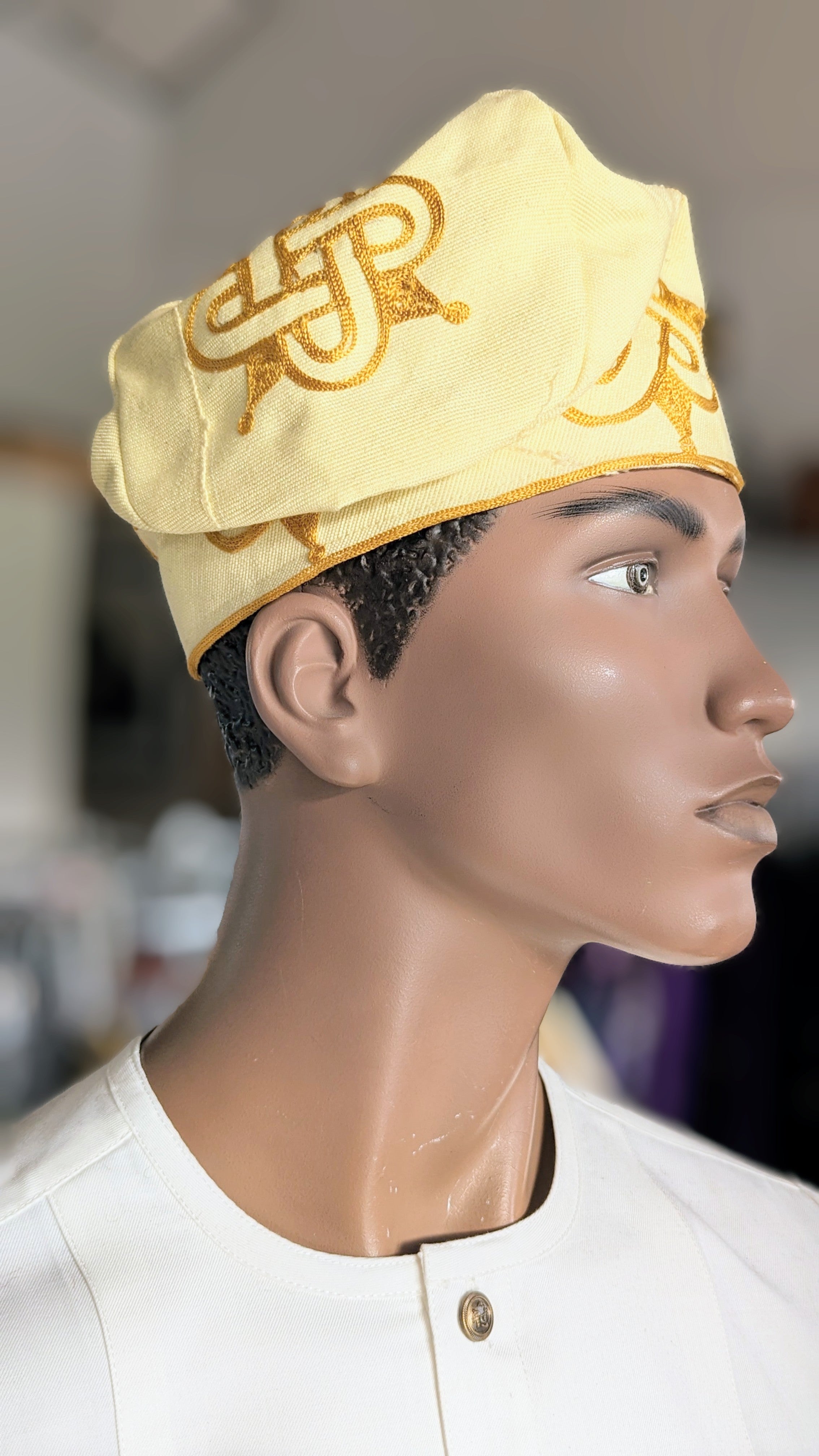 Dupsie's Handwoven Nigerian Aso Oke Kufi Cap - Gold Embroidered African Fila Hat with Gbadun Cream | Traditional Yoruba Headwear for Weddings, Festivals & Cultural Events