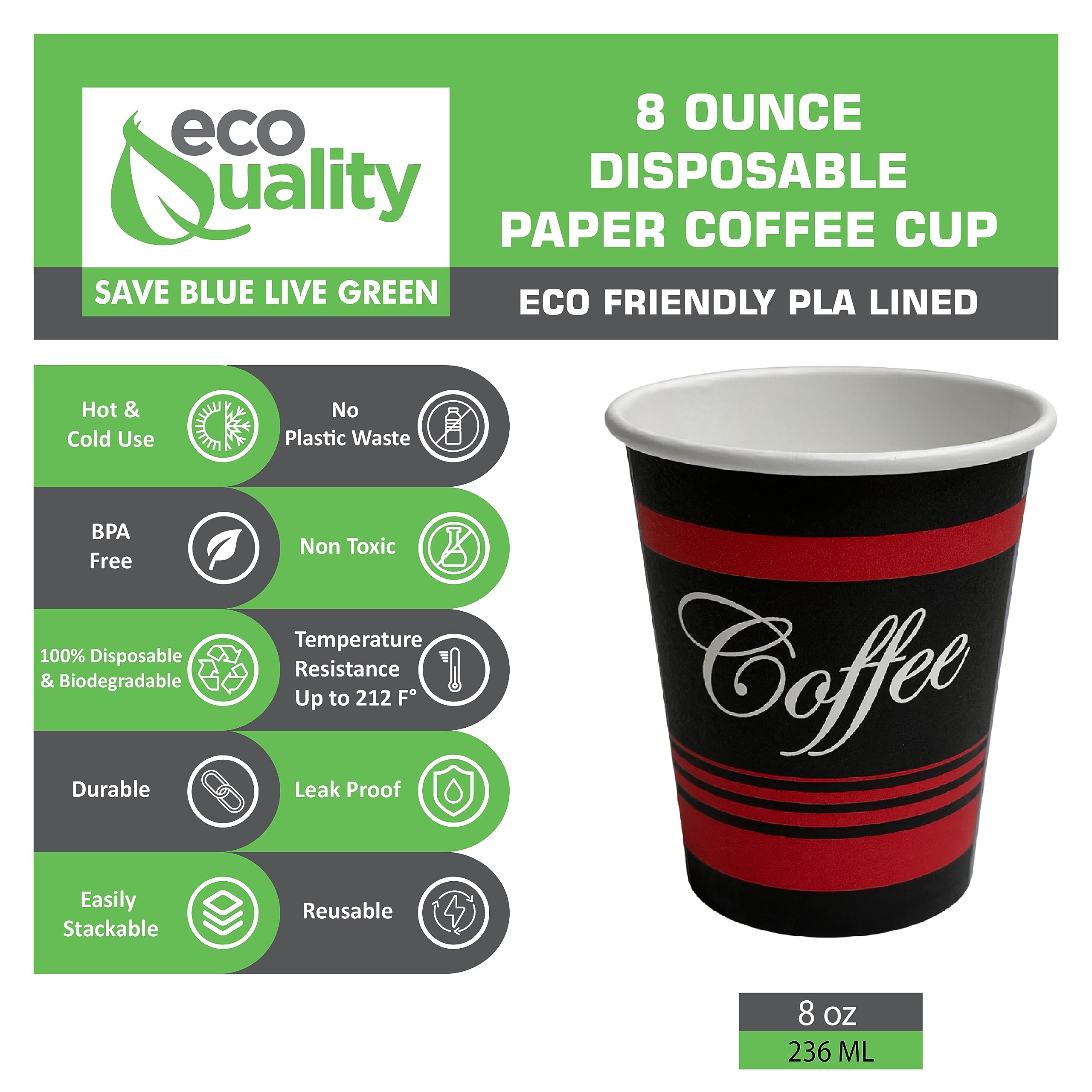 EcoQuality 8 oz Disposable Paper Coffee Cups - 1000 Pack, Restaurant Grade Hot Drink Cups for Coffee, Tea, Cappuccino, Hot Chocolate & Chai Latte | Perfect for Cafes, Offices, Events & Takeout Service