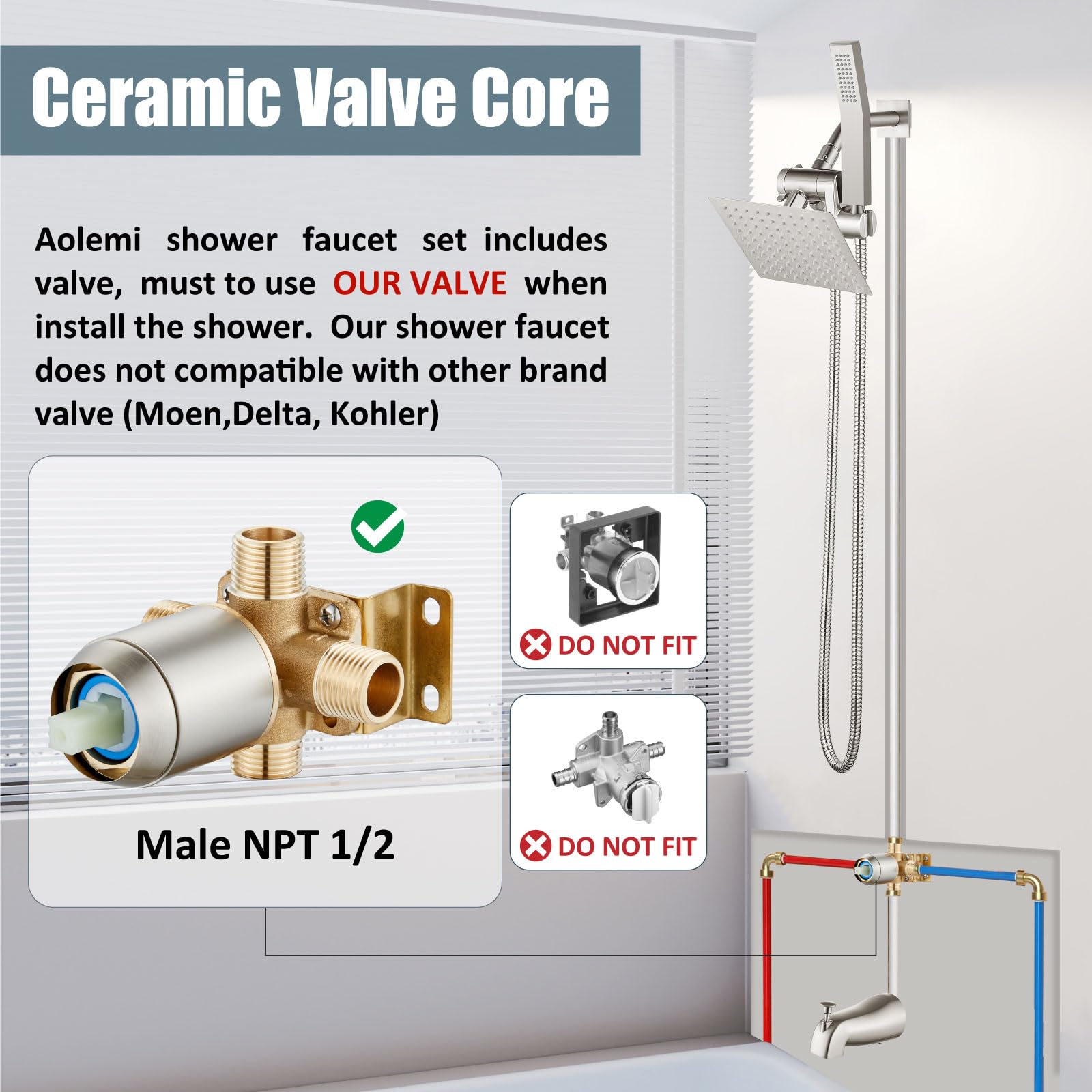 Aolemi 6 Inch Shower Tub Faucet Set with Handheld Spray & Rainfall Shower Head - Brushed Nickel Finish - Complete Shower Trim Kit with Rough-in Valve - Perfect for Bathroom Renovation & Spa-Like Shower Experience