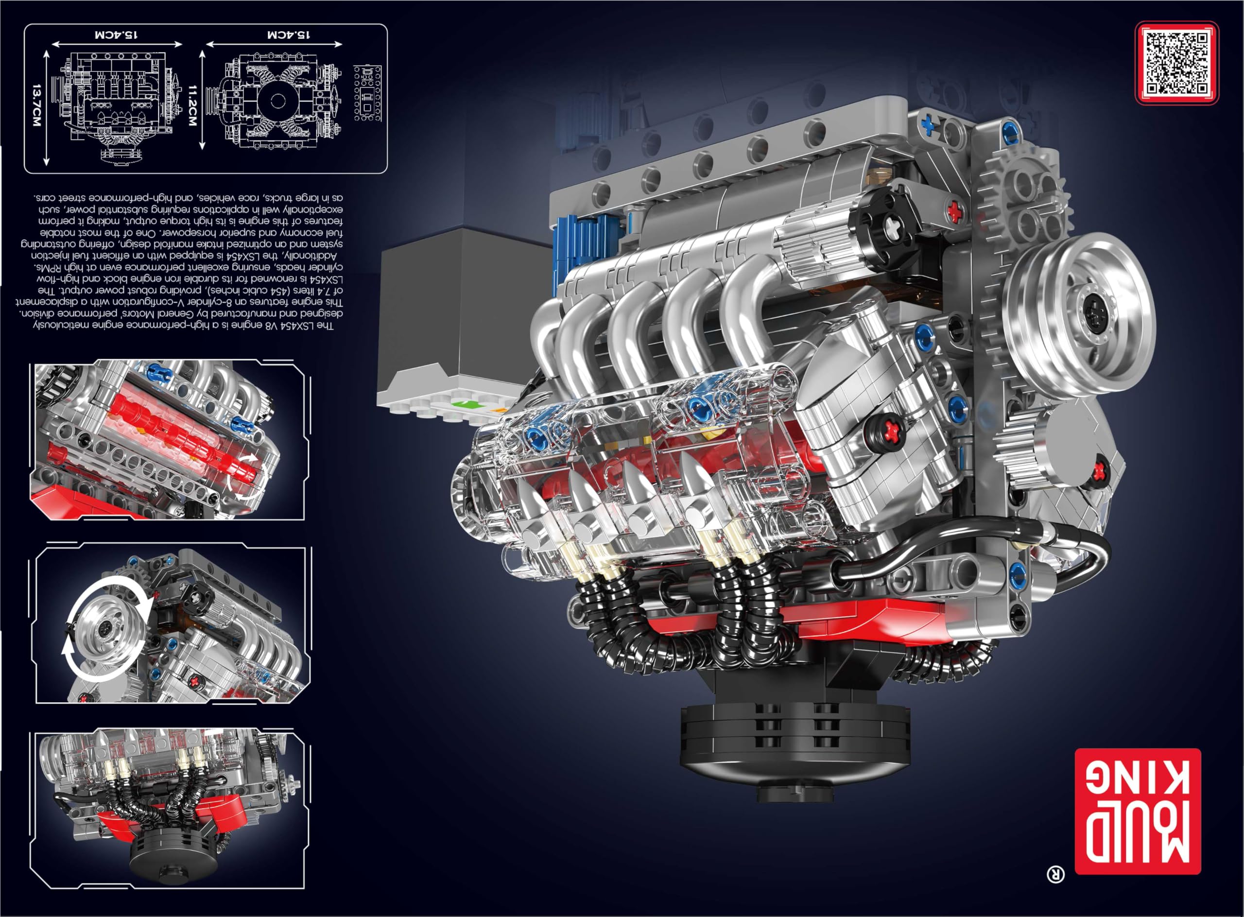 Mould King Mini V8 Engine Model Kit - 487+ PCS DIY Working Visible Engine with Motor & Battery | STEM Educational Building Toy for Adults & Kids | Perfect for Car Enthusiasts, STEM Learning, and Collector Displays