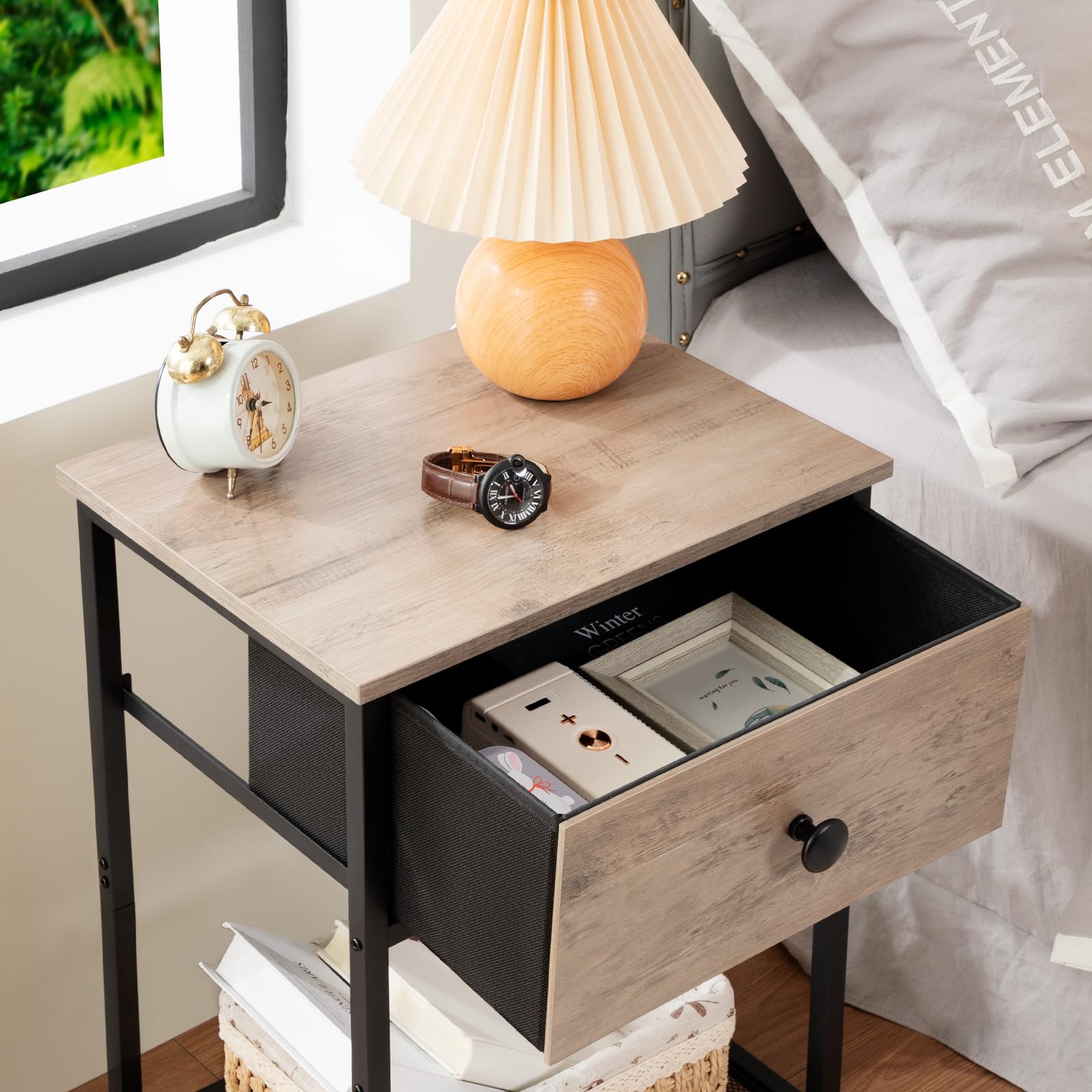AMHANCIBLE Night Stand Set of 2 - Industrial Style Bedside Tables with Fabric Drawer & Storage Shelf for Bedroom, Living Room - Slim End Tables for Small Spaces in Greige (HET03SDGY) | Perfect for Apartments, Dorms & Cozy Home Decor