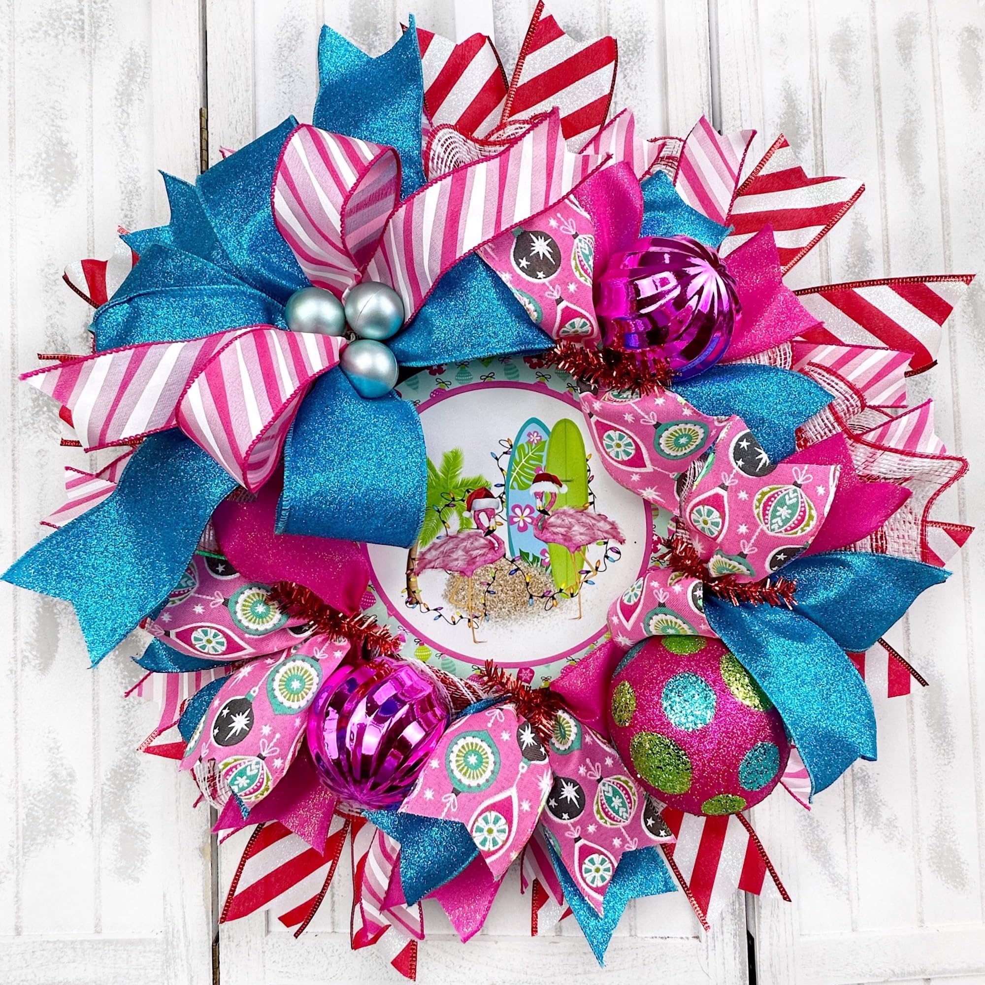 Handmade Coastal Flamingo Christmas Wreath with Ornaments & Bow - Nautical Beach Holiday Door Decor for Christmas, Home, Party