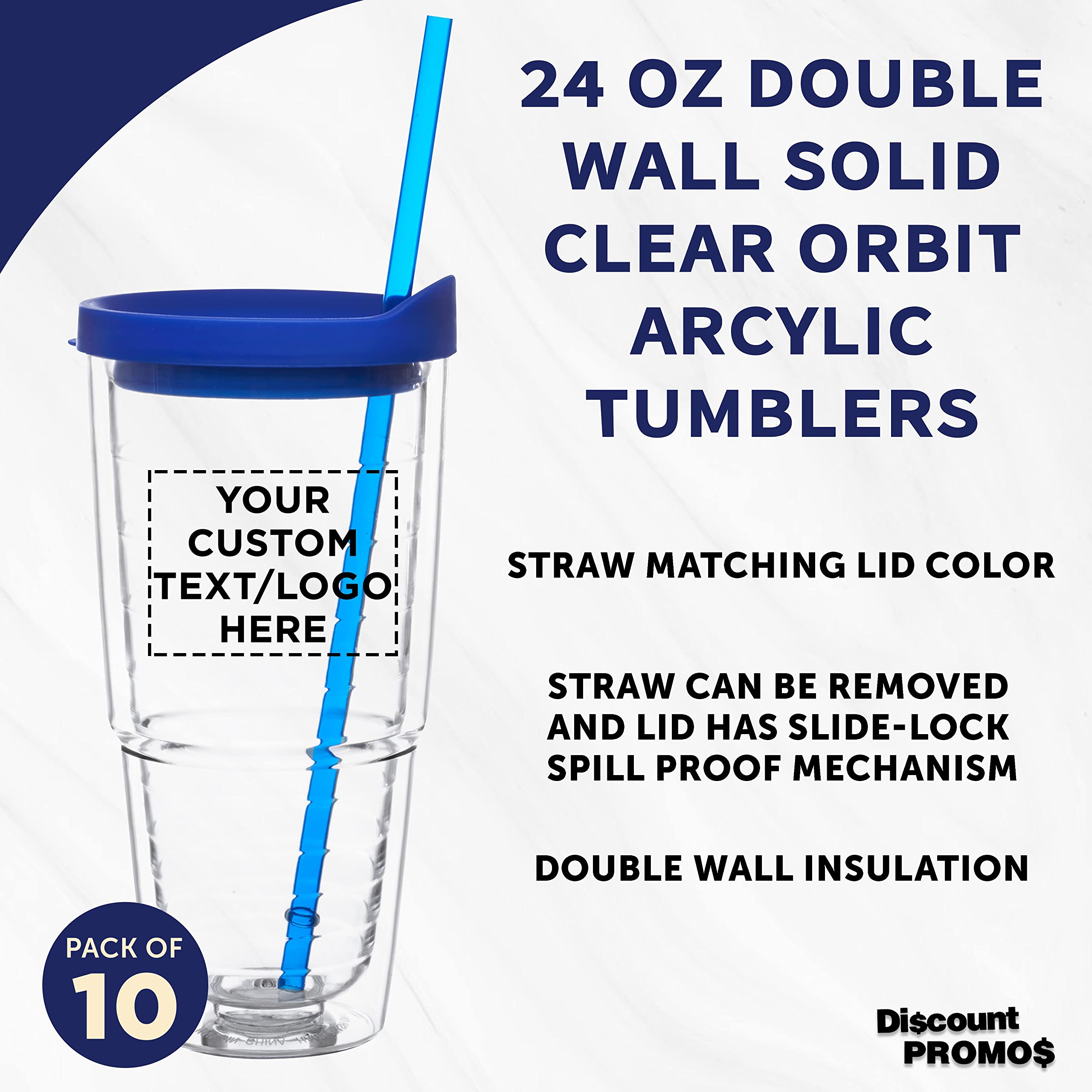 Custom 24oz Double Wall Acrylic Tumblers with Straws - Set of 10 Bulk Pack - Personalized Hot & Cold Drinkware for Coffee, Smoothies & Iced Beverages - Promotional Gift & Party Supplies - Blue