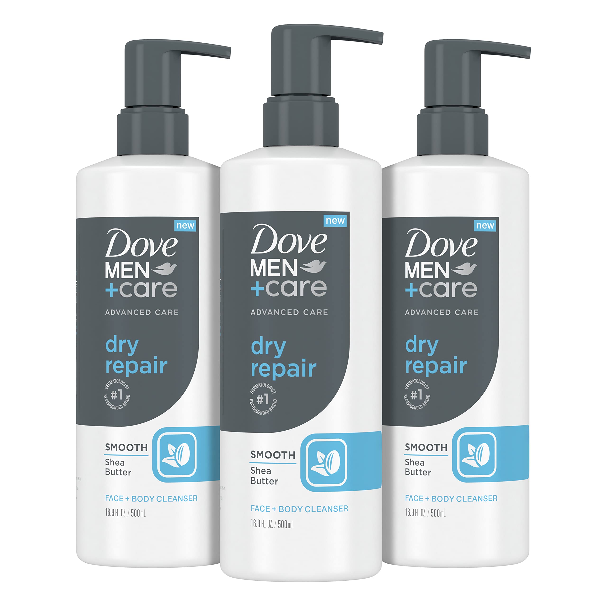 DOVE MEN Face & Body Cleanser - Dry Skin Repair with Shea Butter, 16.9 oz (3-Pack) - For Shower & Gym Use