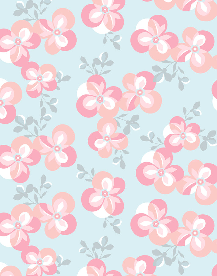 Pale Blue Floral Wallpaper - Tea Collection Graphic Flower Design for Bedroom & Living Room Decor