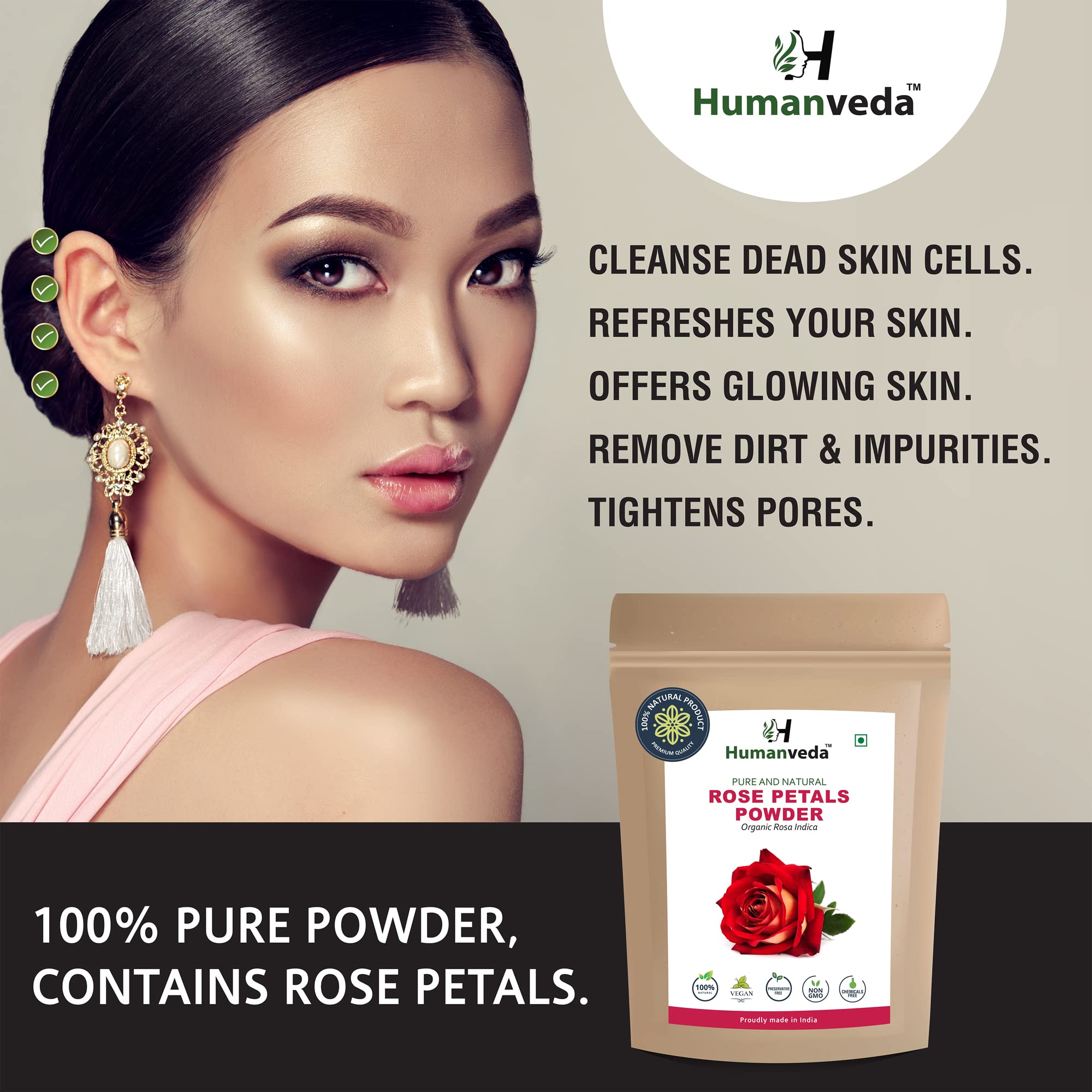 Humanveda 100% Natural Rose Petal Powder - 100g | Organic Face Mask for Skin Brightening, Tan Removal & Glow | Double Filtered Rose Extract | Perfect for DIY Spa, Bridal Care & Daily Skincare Routine