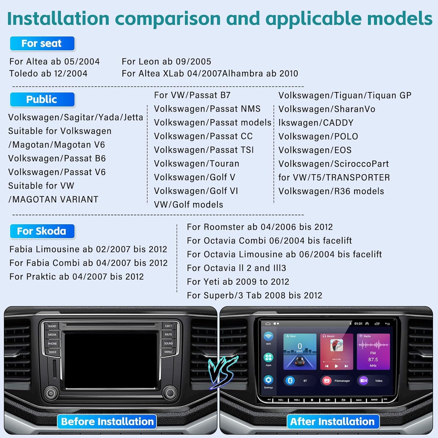 SIXWIN 2GB RAM 64GB ROM Android 13 Double Din Car Stereo for VW Volkswagen Seat Golf Passat Jetta Tiguan Touran - Wireless CarPlay Android Auto Bluetooth GPS Navigation WiFi FM HiFi Backup Camera MIC | In-Car Entertainment System for Road Trips & Daily Commute