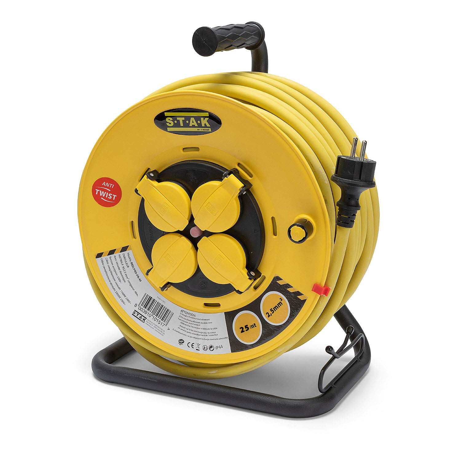 Stak REELPRO-FR-25 Professional Electric Cable Reel - 25m Waterproof IP44 Rubber Cord (3G2.5mm²) - Heavy Duty Construction & Garden Use - 4-Outlet Steel Frame with Yellow Housing - Perfect for Job Sites, DIY Projects & Outdoor Power Distribution
