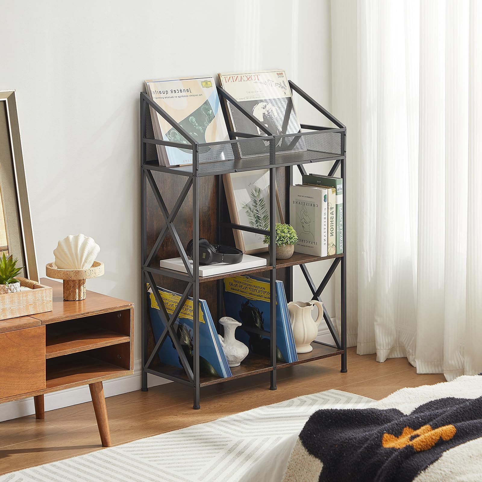 6 Grids Vinyl Record Storage Rack - Wooden Display Shelf for Albums, Books, Magazines & Files - Perfect for Living Room, Bedroom & Home Office Organization - Patent Pending