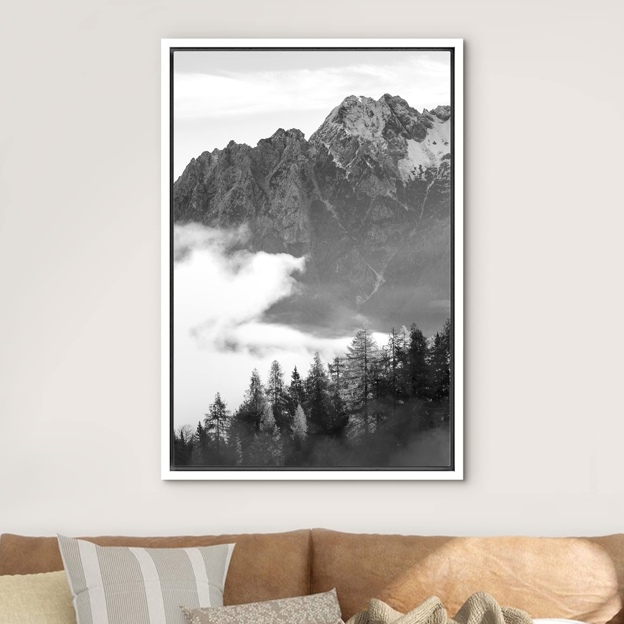 IDEA4WALL Framed Canvas Print Wall Art - Black & White Mist Over Mountain Forest Valley, Woodland Nursery Decor, Nature Wilderness Dramatic Cool Design for Living Room, Bedroom, Office, 24