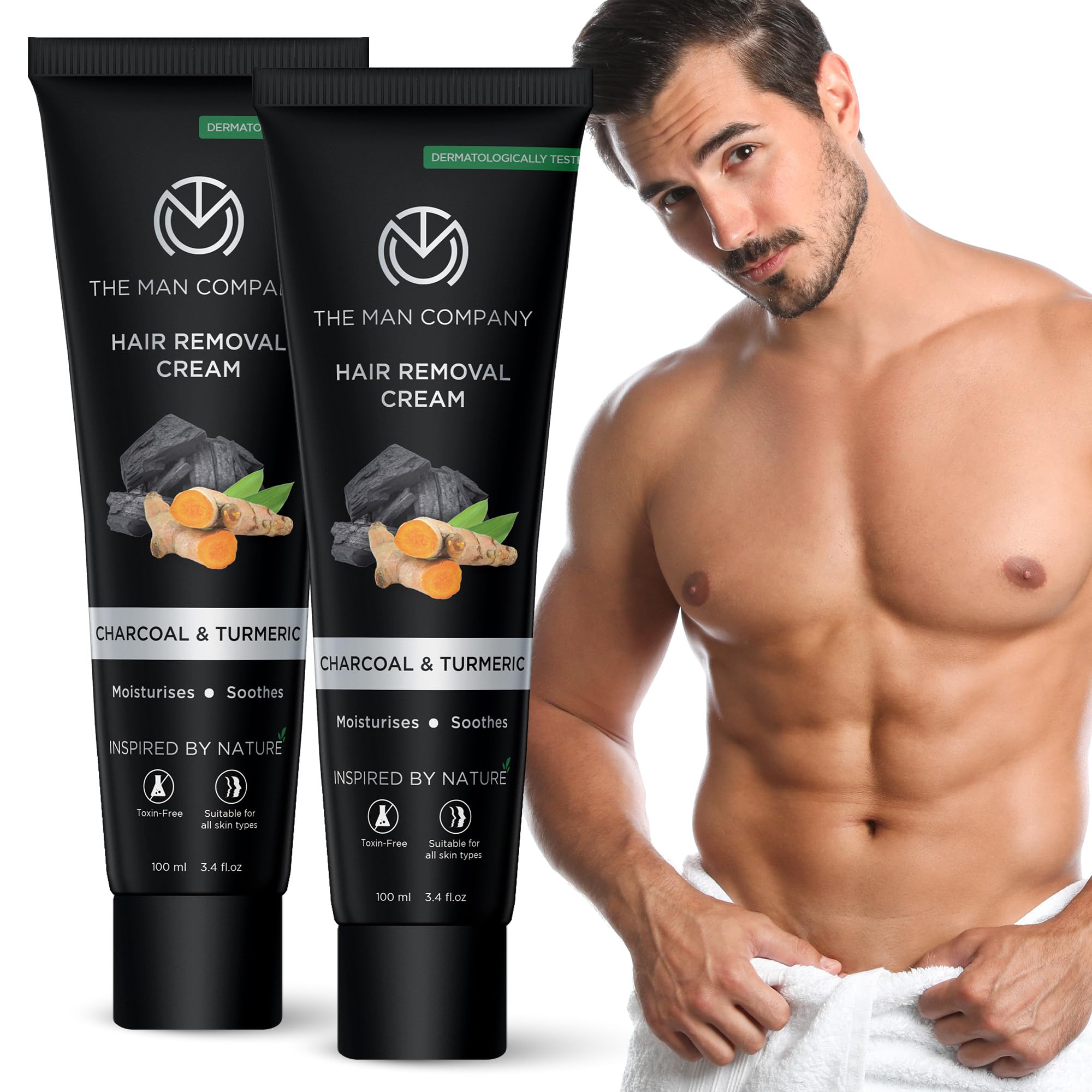 The Man Company Hair Removal Cream for Men with Charcoal & Turmeric | Dermatologist Tested | All Skin Types | Pack of 2 | Painless Hair Removal for Chest, Back & Body | Smooth Skin Solution for Men's Grooming
